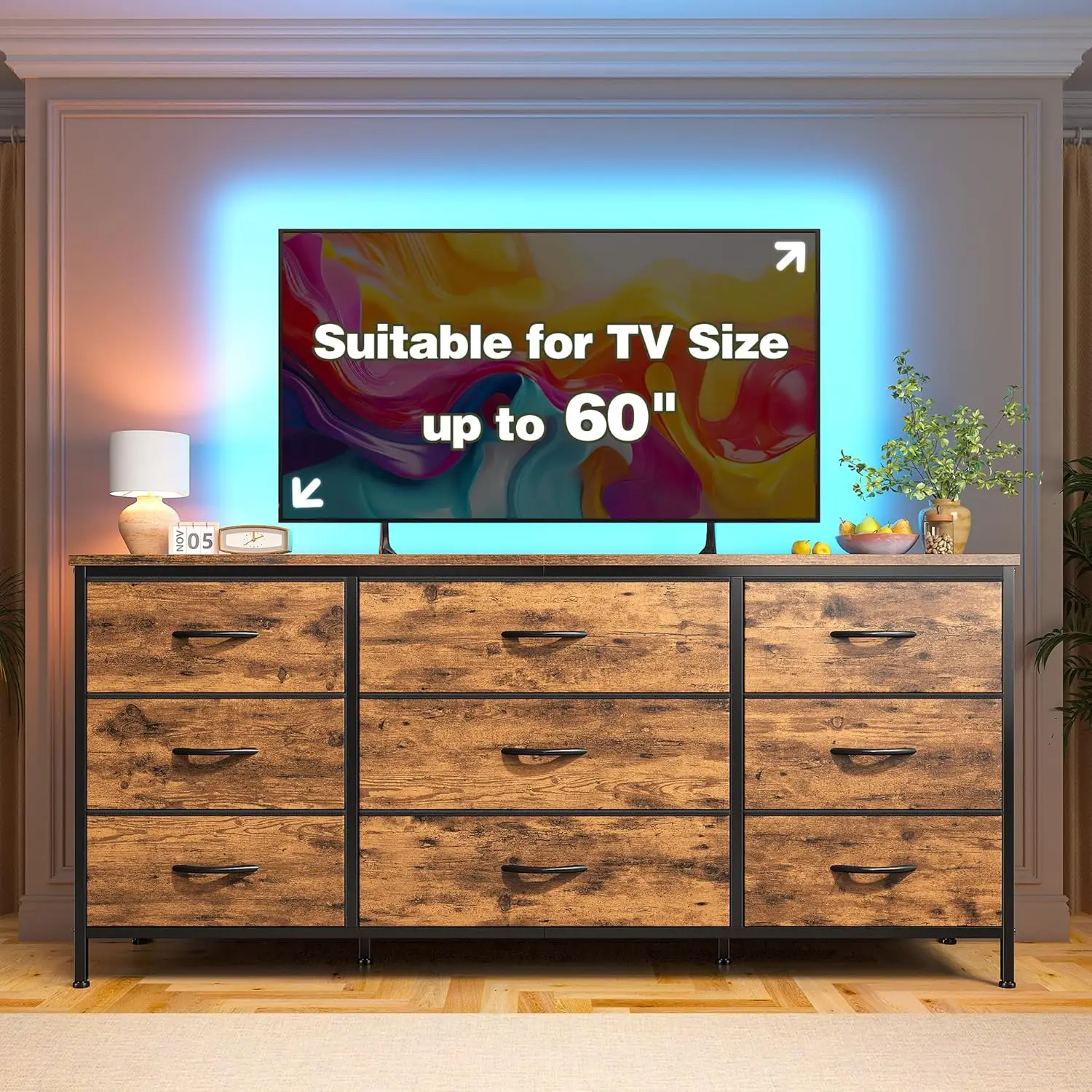TV Stand with 9 Wide Drawer Dresser, 47 inch Long Dresser for Bedroom, Sturdy Metal Frame, Hallway, Entryway,Customized
