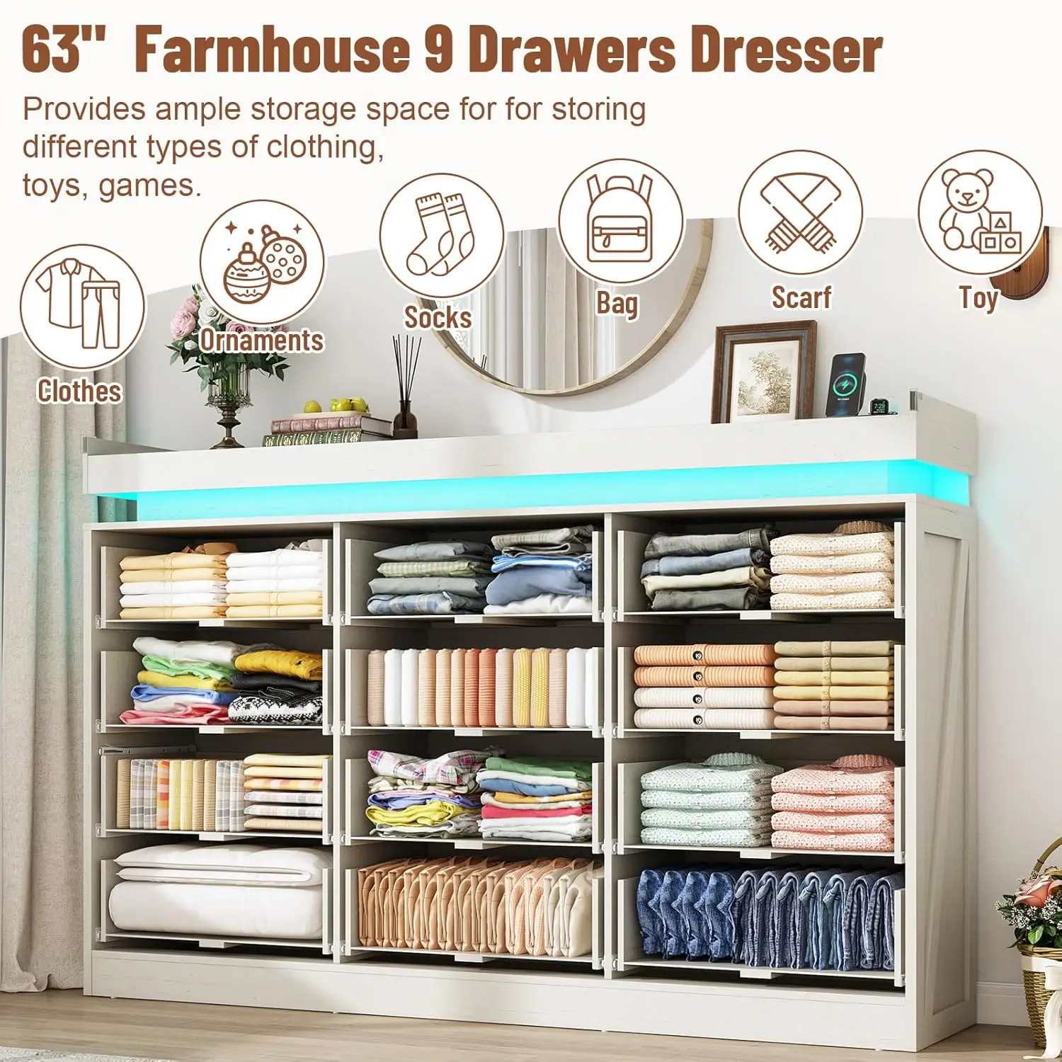 71" Wide 46" Tall 12-Drawer Farmhouse Dresser LED Power Outlets Wood Rustic Bedroom White, Customized