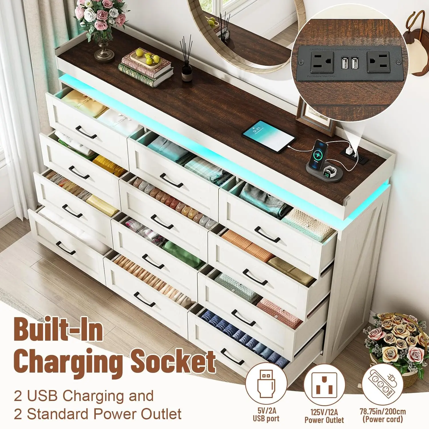71" Wide 46" Tall 12-Drawer Farmhouse Dresser LED Power Outlets Wood Rustic Bedroom White, Customized