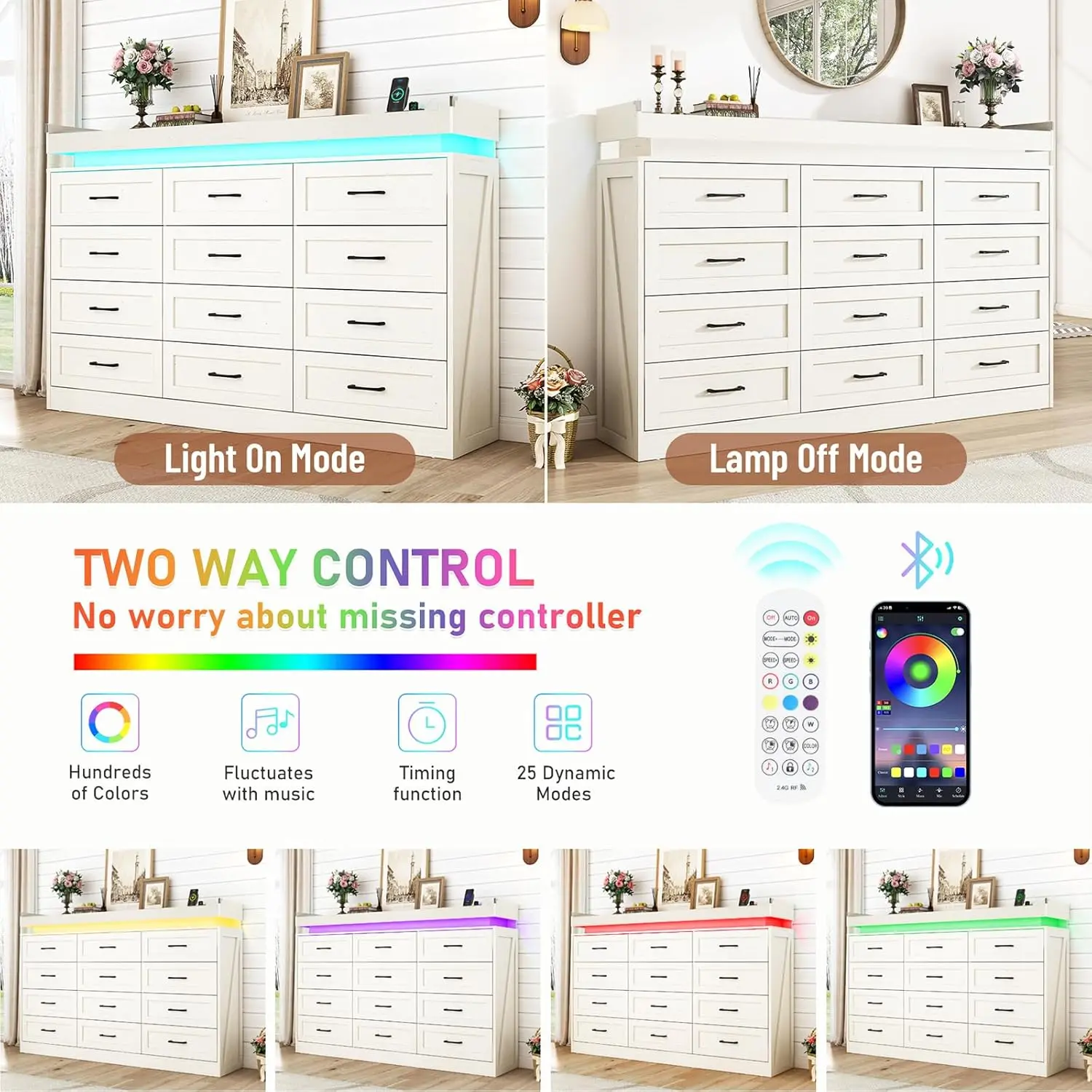 71" Wide 46" Tall 12-Drawer Farmhouse Dresser LED Power Outlets Wood Rustic Bedroom White, Customized
