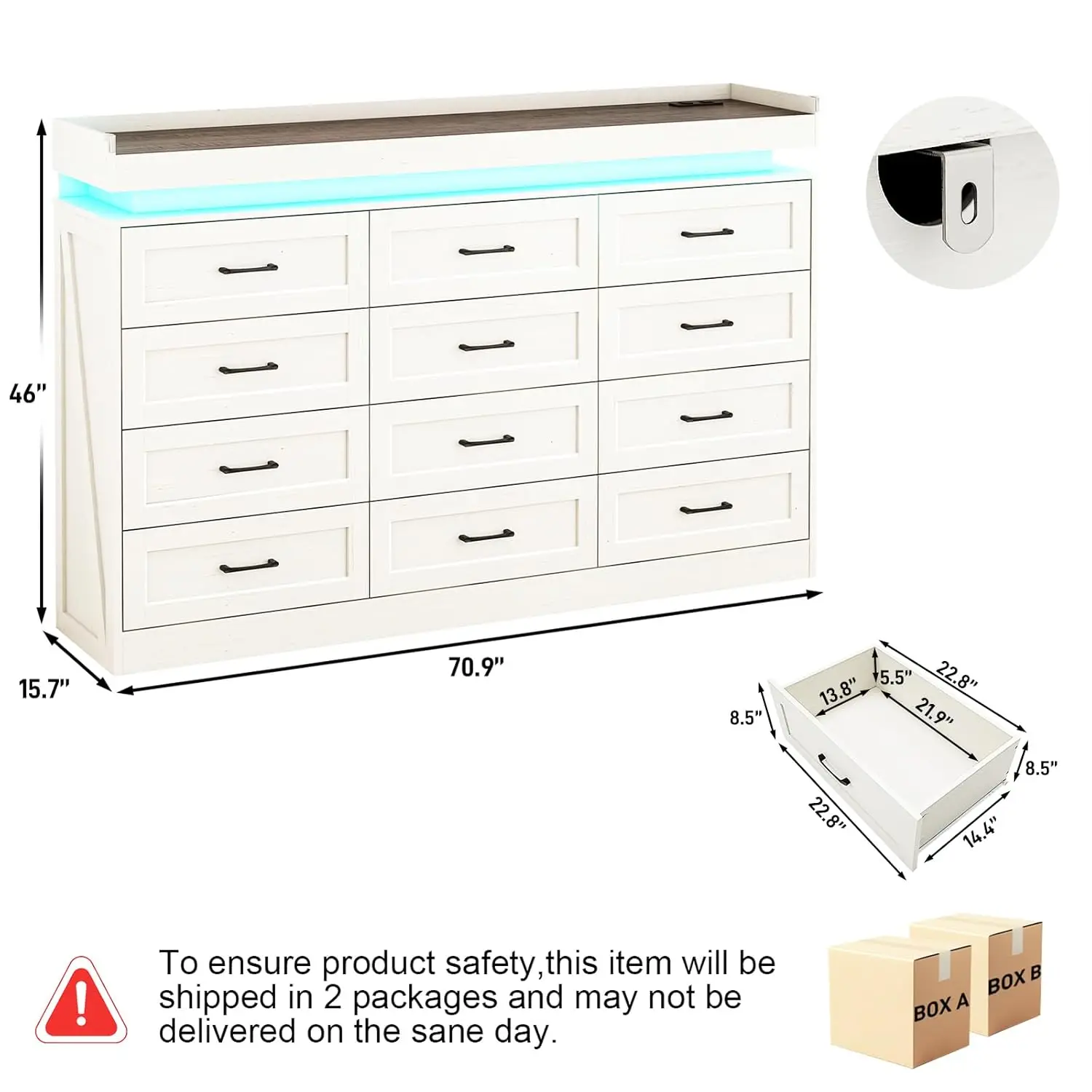 71" Wide 46" Tall 12-Drawer Farmhouse Dresser LED Power Outlets Wood Rustic Bedroom White, Customized