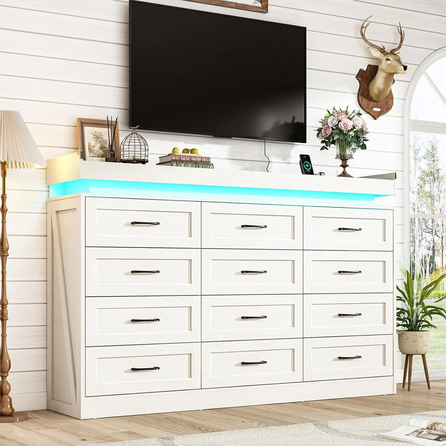 71" Wide 46" Tall 12-Drawer Farmhouse Dresser LED Power Outlets Wood Rustic Bedroom White, Customized