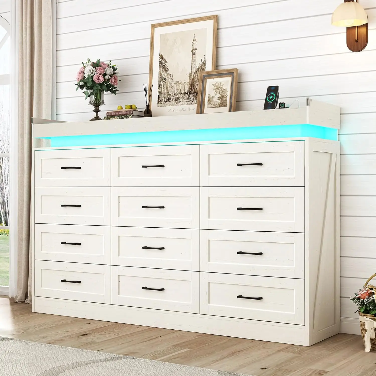71" Wide 46" Tall 12-Drawer Farmhouse Dresser LED Power Outlets Wood Rustic Bedroom White, Customized