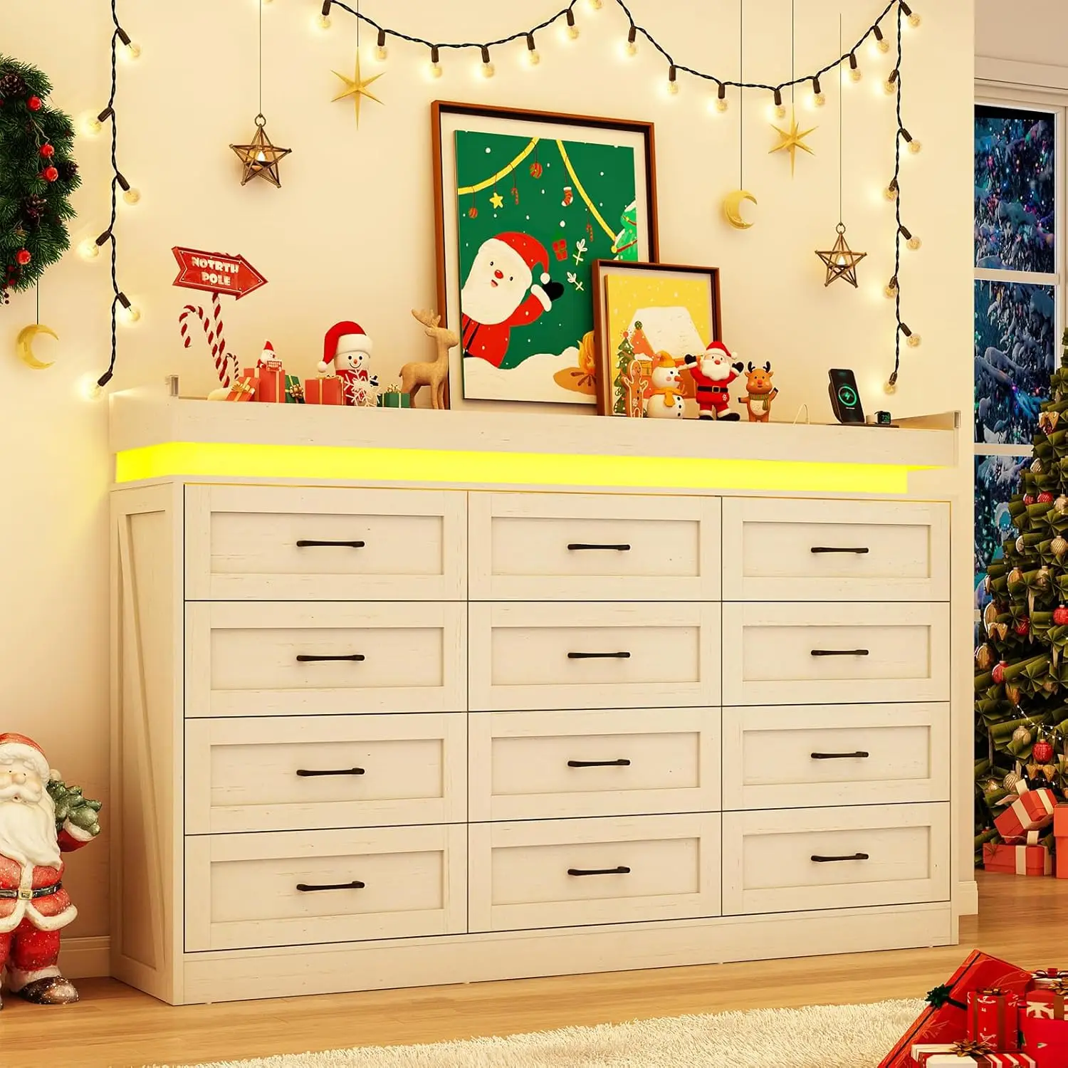 71" Wide 46" Tall 12-Drawer Farmhouse Dresser LED Power Outlets Wood Rustic Bedroom White, Customized