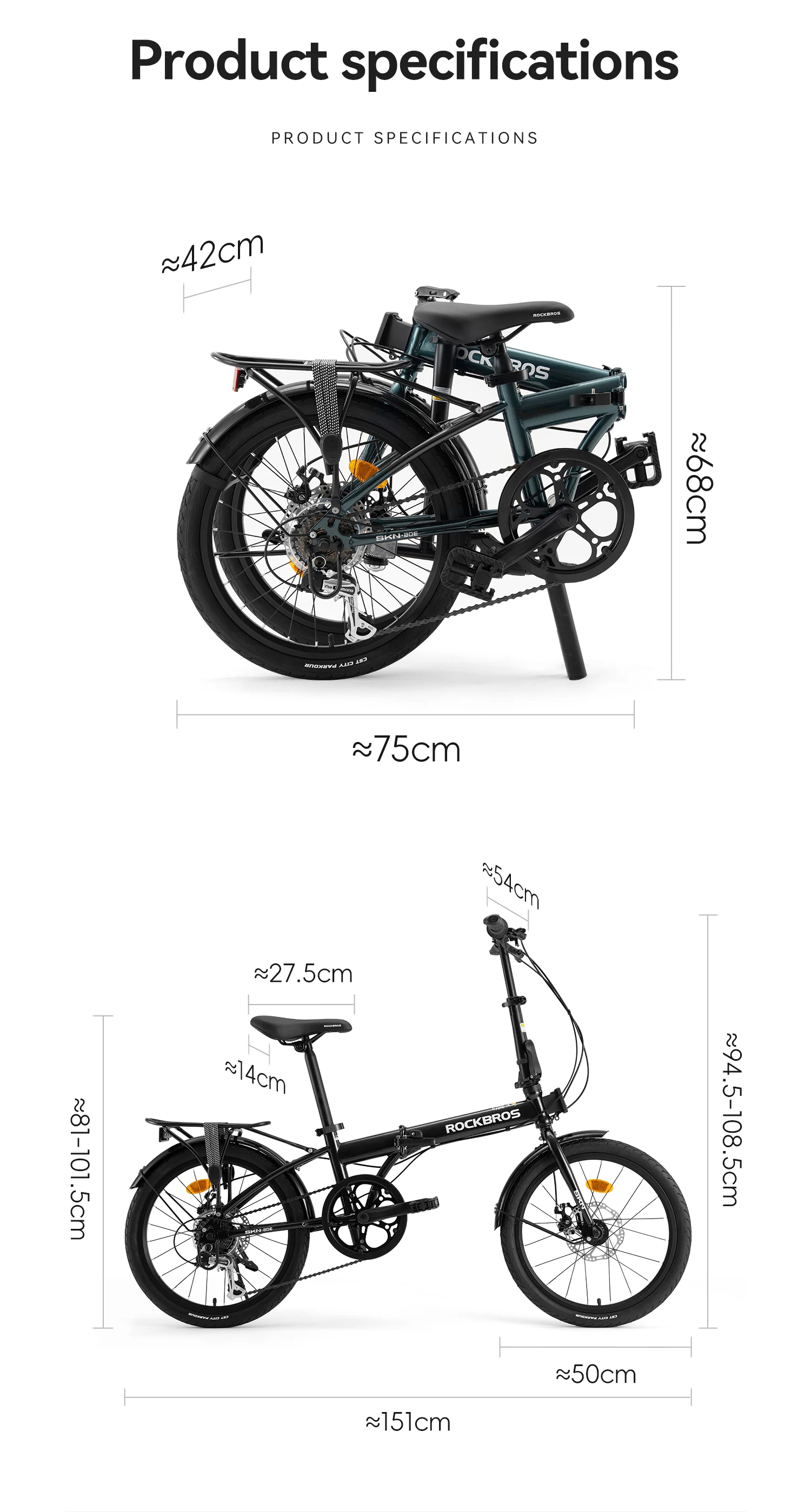 ROCKBROS 20 Inches Folding Bike Lightweight Portable Carbon Steel Frame 7-Speed Shifter Disc Brake Daily Commute Folding Bicycle