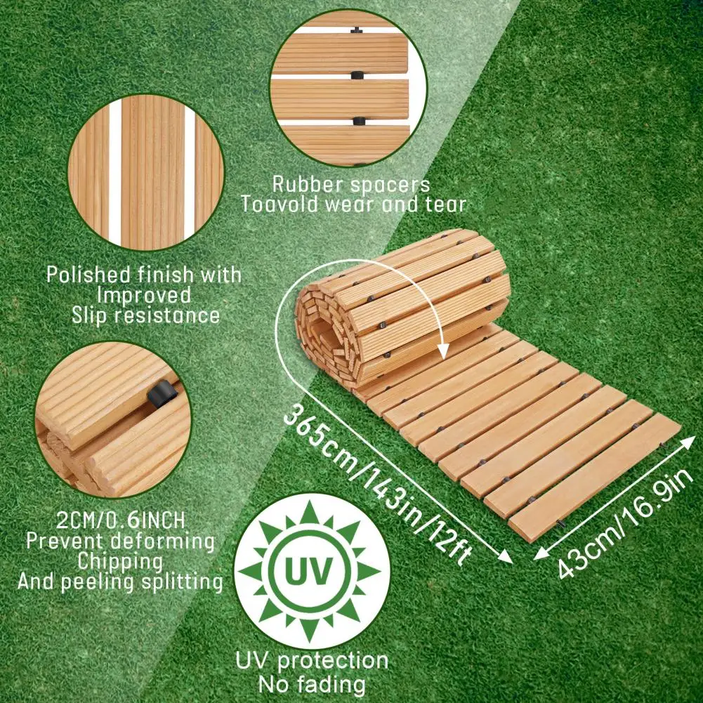 12ft Wooden Garden Pathway Roll – Outdoor Walkway Mat for Lawn Patio Backyard Roll Out Wood Stepping Stone Path
