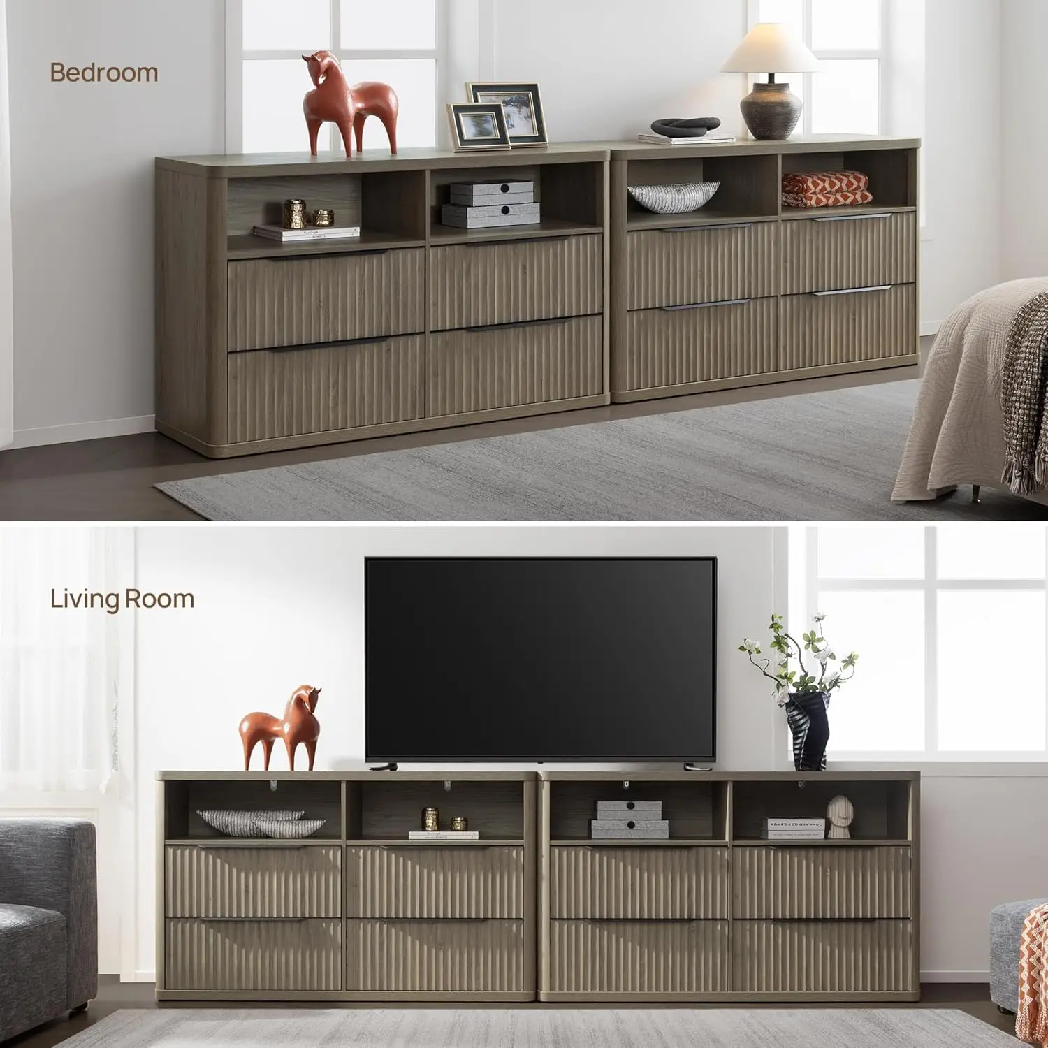 Wide 4-Drawer Dresser with Open Shelf Fluted TV Stand Bedroom Hallway Entryway 56.5", Customized