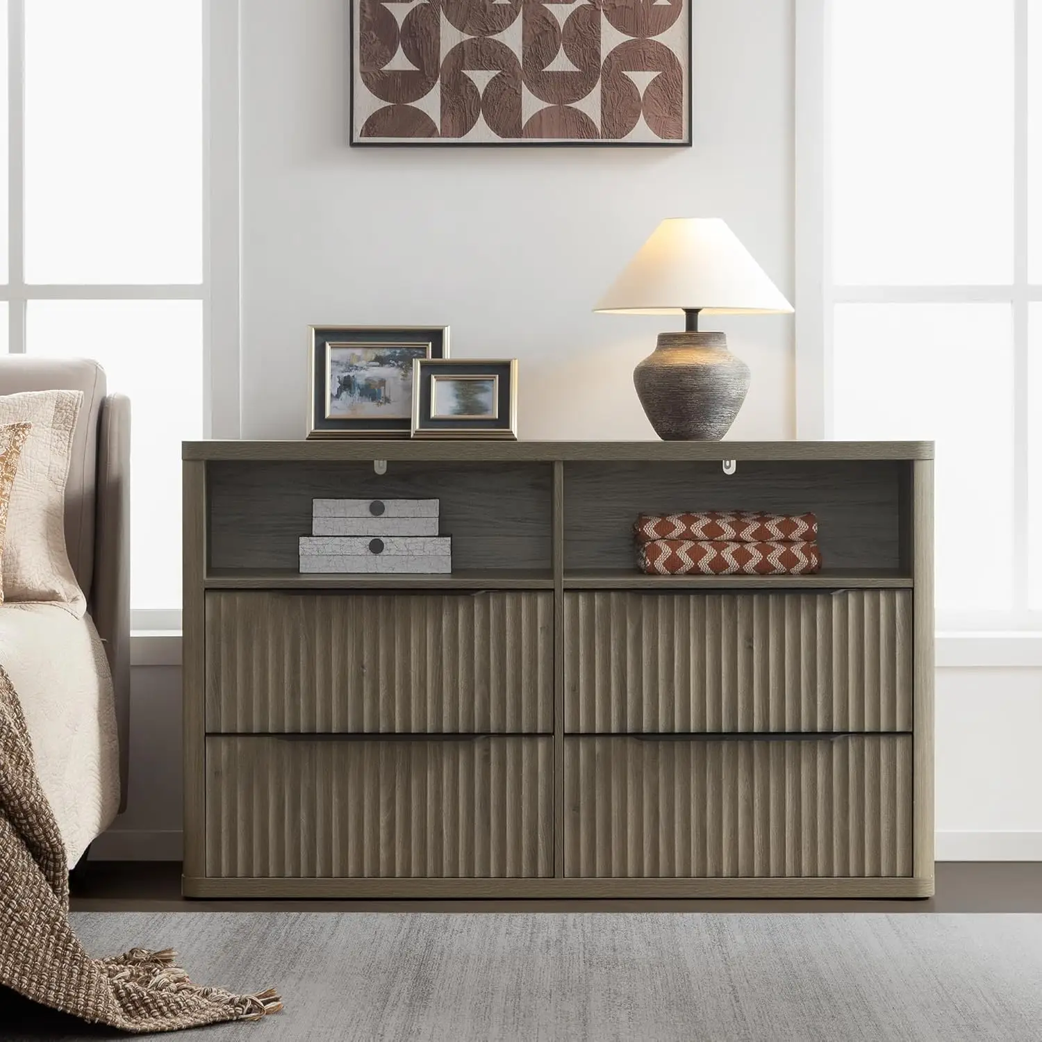 Wide 4-Drawer Dresser with Open Shelf Fluted TV Stand Bedroom Hallway Entryway 56.5", Customized