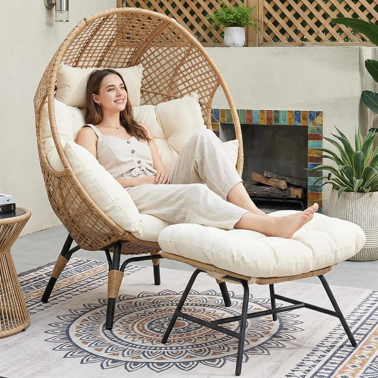Indoor Outdoor Egg Chair with Ottoman Thick Cushioned Lounge with Footrest 440lbs for Patio Balcony Bedroom Sunroom, Customized