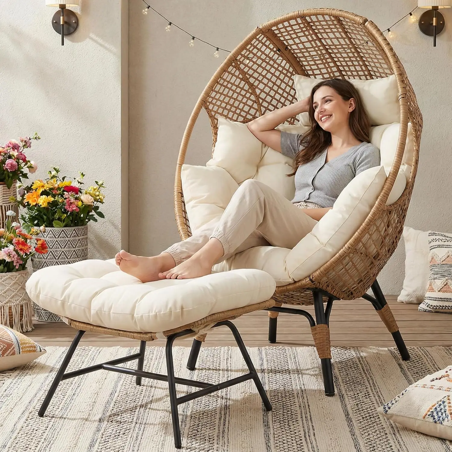 Indoor Outdoor Egg Chair with Ottoman Thick Cushioned Lounge with Footrest 440lbs for Patio Balcony Bedroom Sunroom, Customized