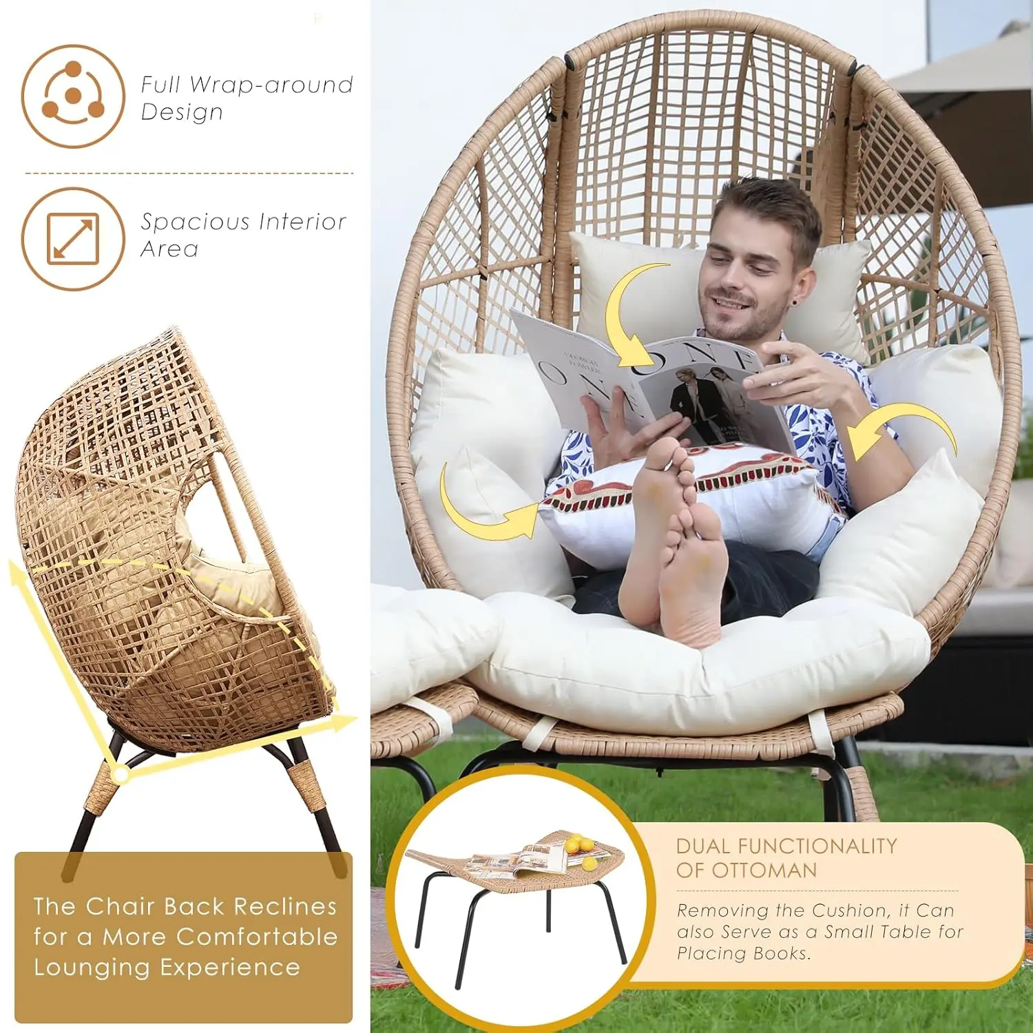 Indoor Outdoor Egg Chair with Ottoman Thick Cushioned Lounge with Footrest 440lbs for Patio Balcony Bedroom Sunroom, Customized