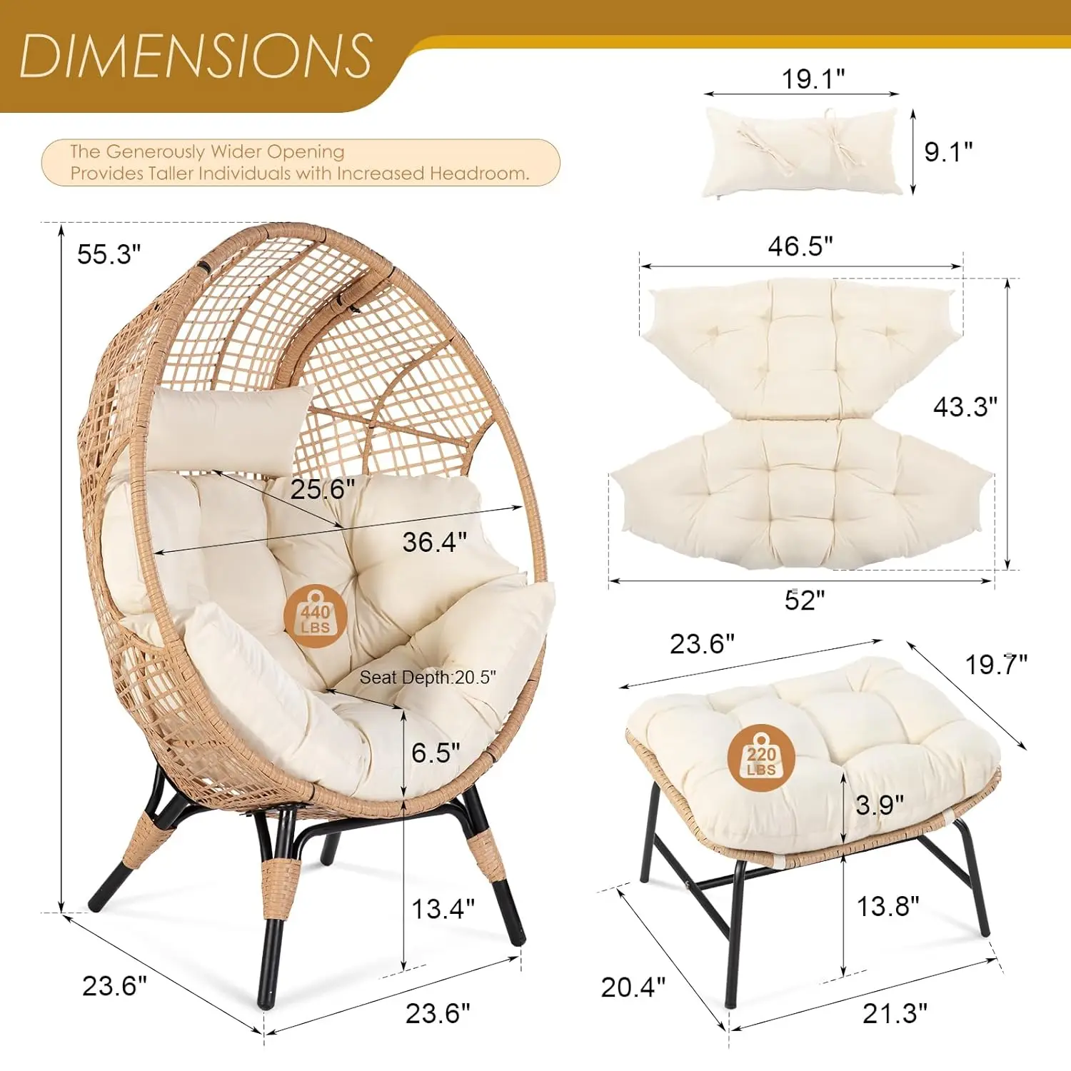 Indoor Outdoor Egg Chair with Ottoman Thick Cushioned Lounge with Footrest 440lbs for Patio Balcony Bedroom Sunroom, Customized