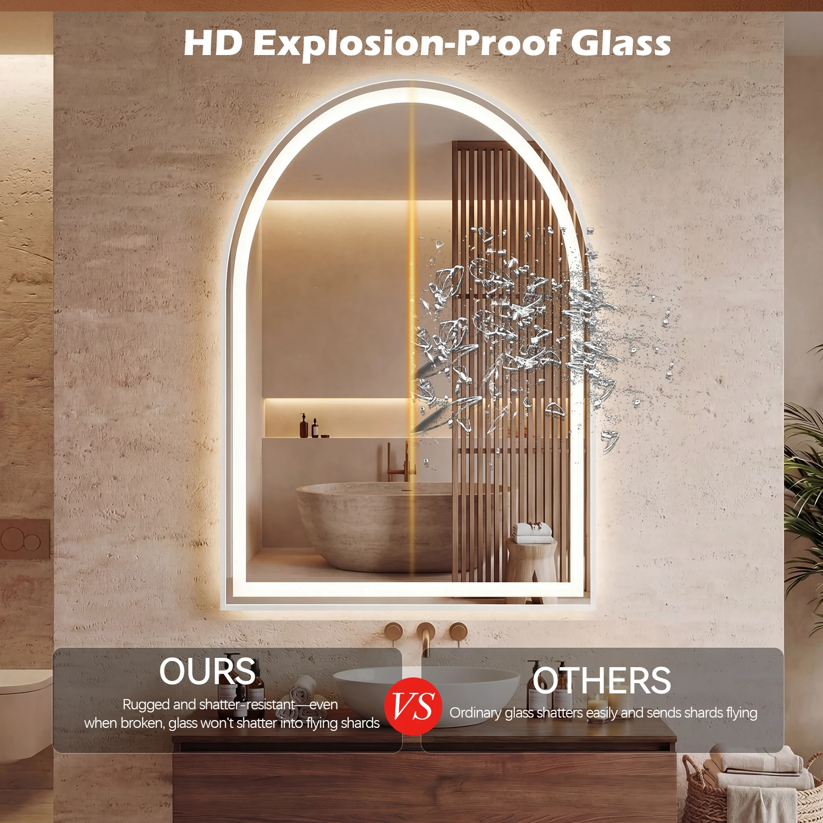 JHK Arched LED Bathroom Vanity Mirror for Wall Backlit Mirror with 3-Color Lights Memory Function Tempered Glass For Living Room