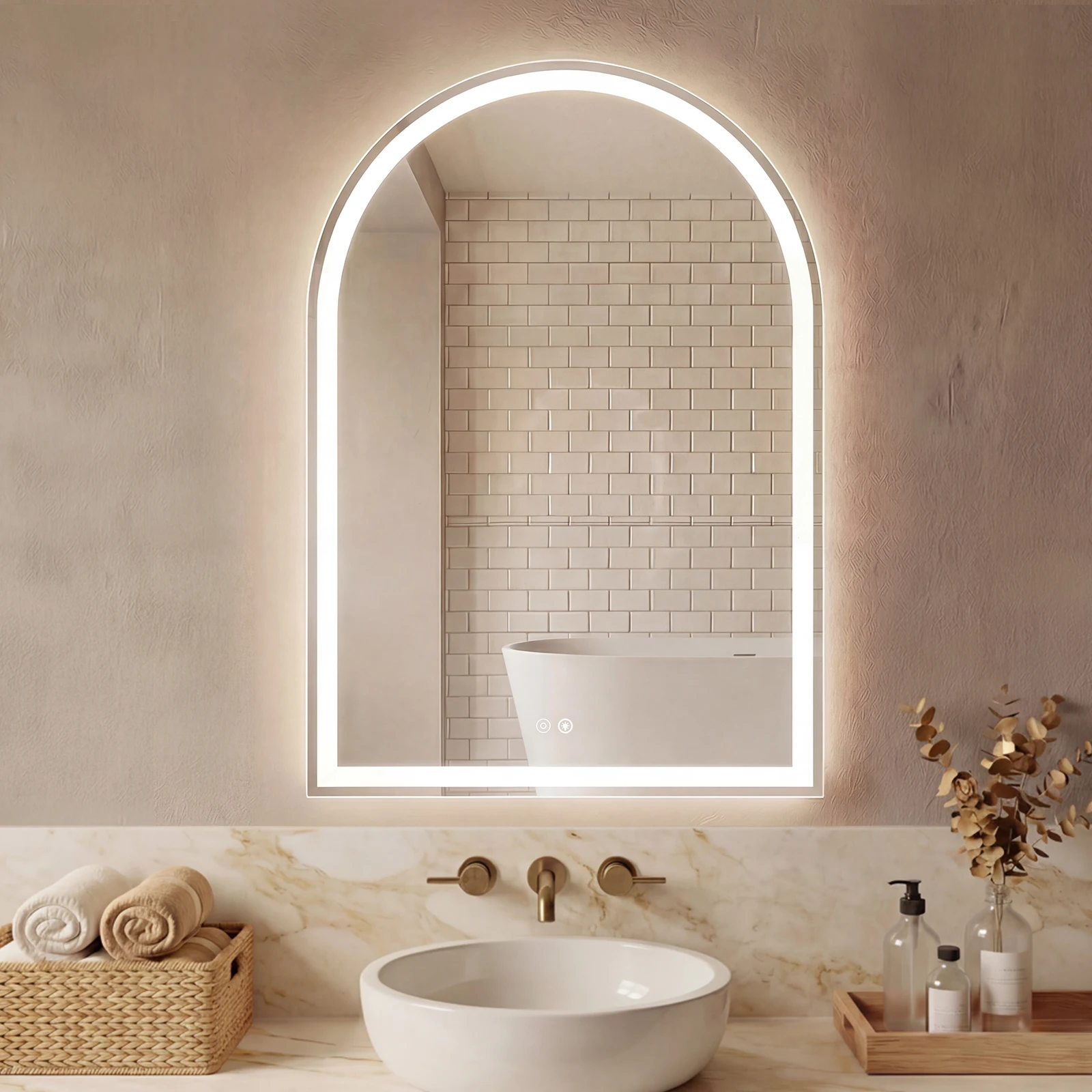 JHK Arched LED Bathroom Vanity Mirror for Wall Backlit Mirror with 3-Color Lights Memory Function Tempered Glass For Living Room