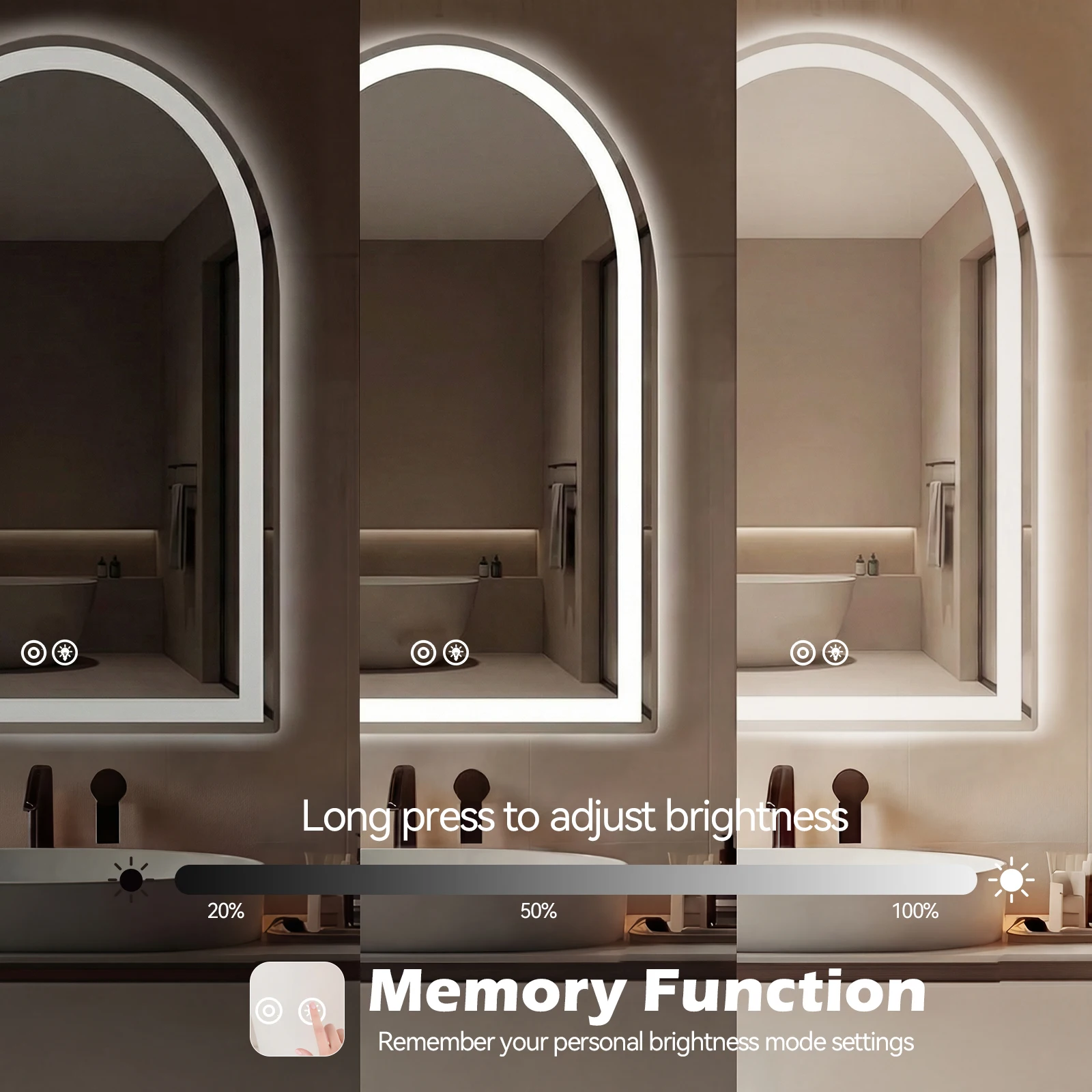 JHK Arched LED Bathroom Vanity Mirror for Wall Backlit Mirror with 3-Color Lights Memory Function Tempered Glass For Living Room