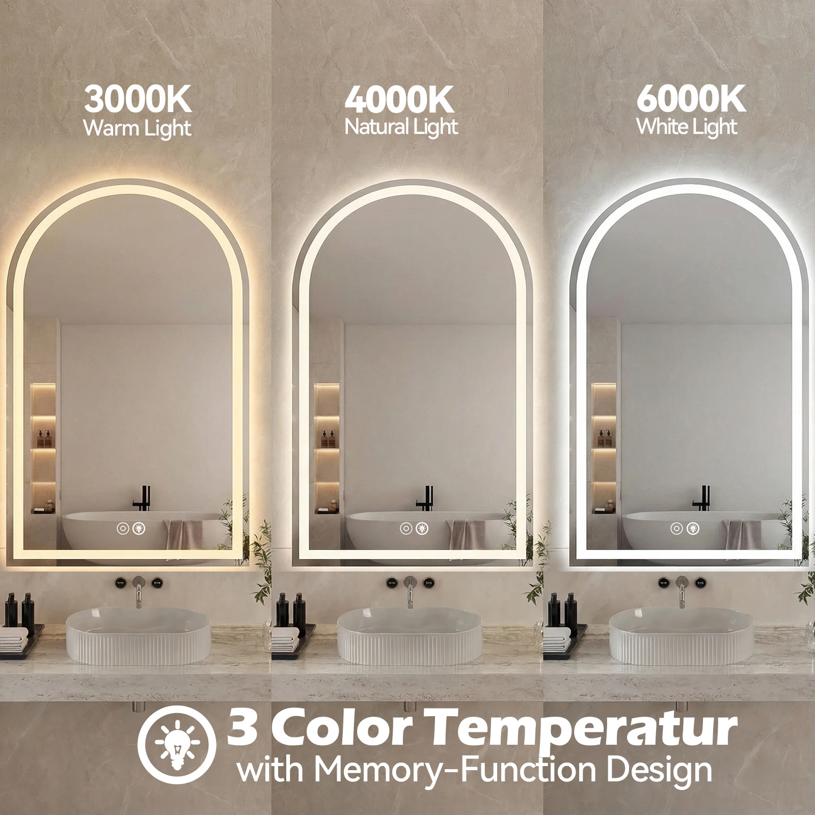 JHK Arched LED Bathroom Vanity Mirror for Wall Backlit Mirror with 3-Color Lights Memory Function Tempered Glass For Living Room