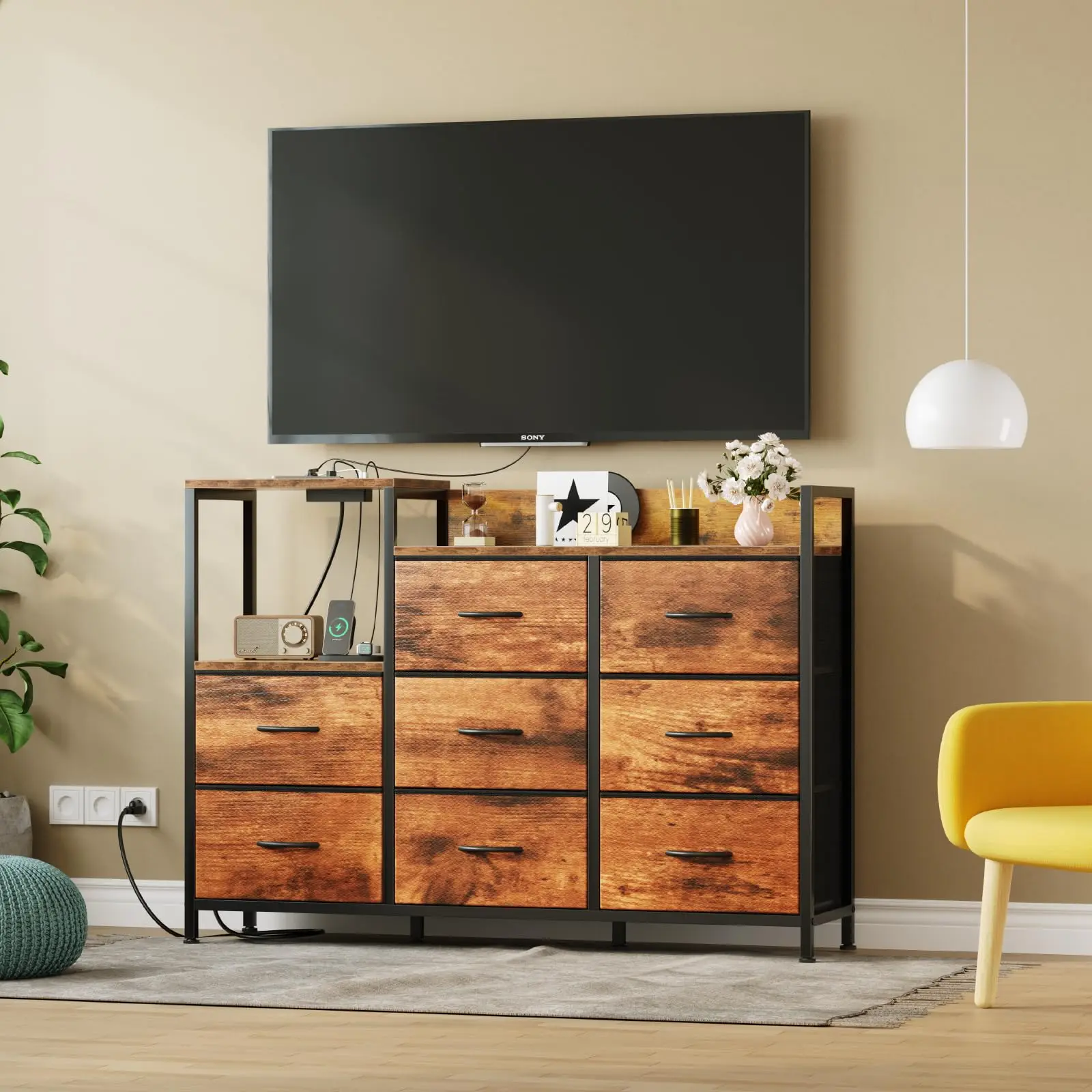 JHK Cabinet With 8 Fabric Drawers TV Stand Metal Frame With Charging Station Entertainment Center TV Storage Display Furniture