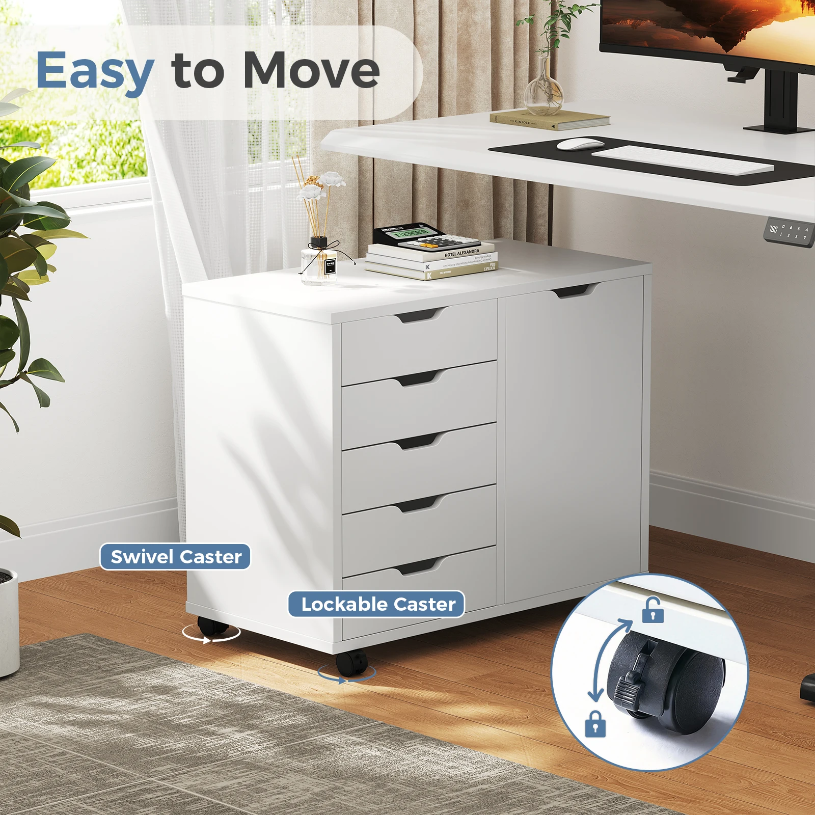 JHK Wood 5 Drawers Cabinets Organizer with Wheels Rolliing File Cabinet with Shelves and Door Printer Stand  for Home Office