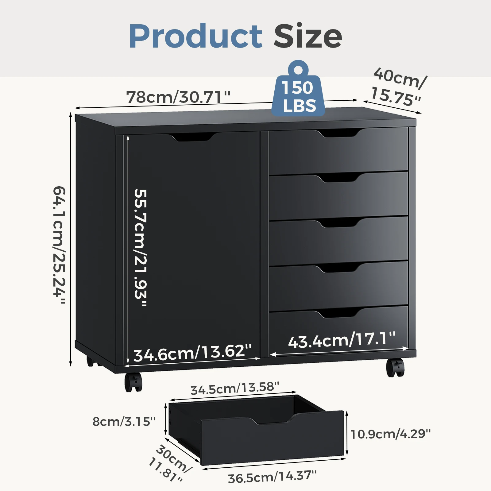 JHK Wood 5 Drawers Cabinets Organizer with Wheels Rolliing File Cabinet with Shelves and Door Printer Stand  for Home Office