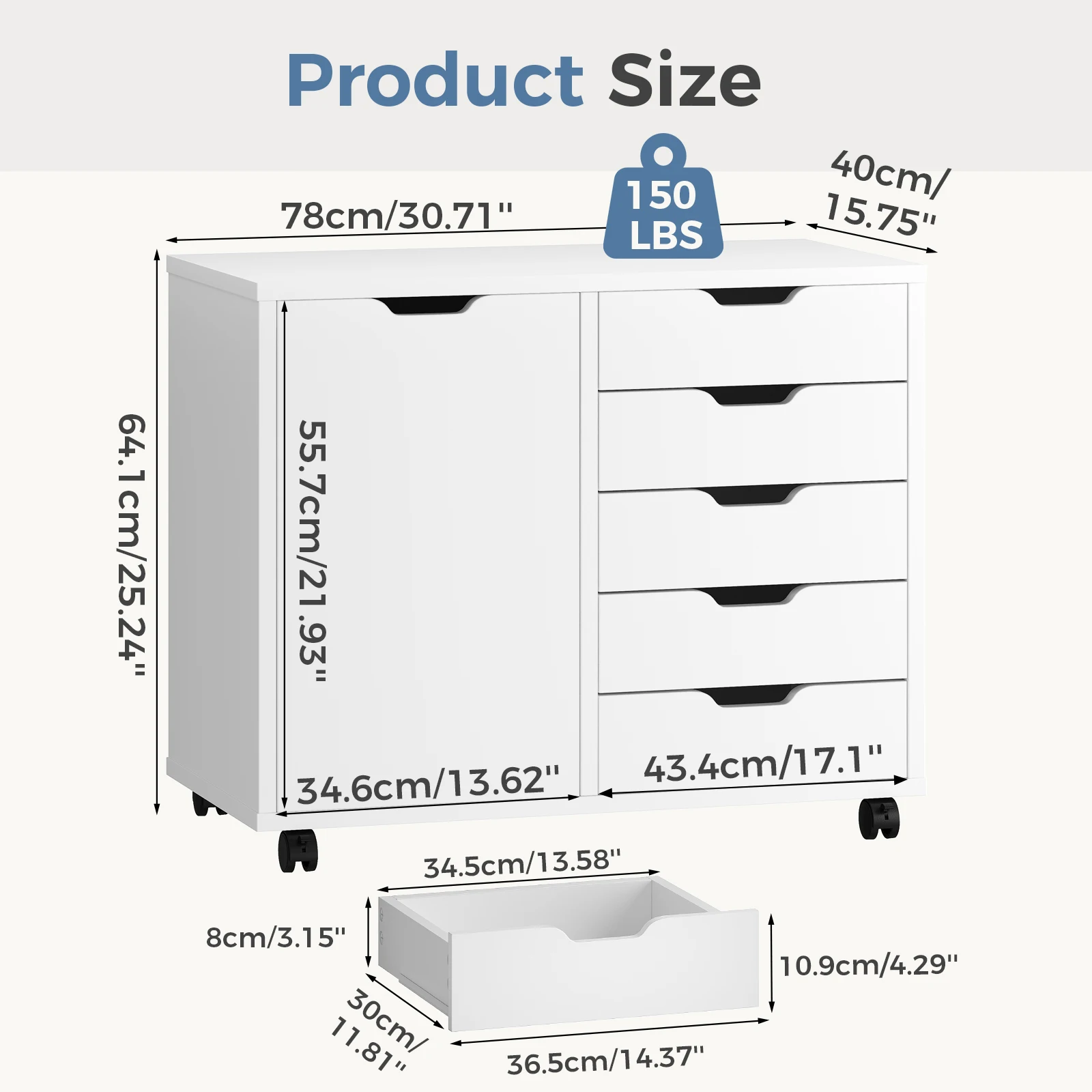 JHK Wood 5 Drawers Cabinets Organizer with Wheels Rolliing File Cabinet with Shelves and Door Printer Stand  for Home Office