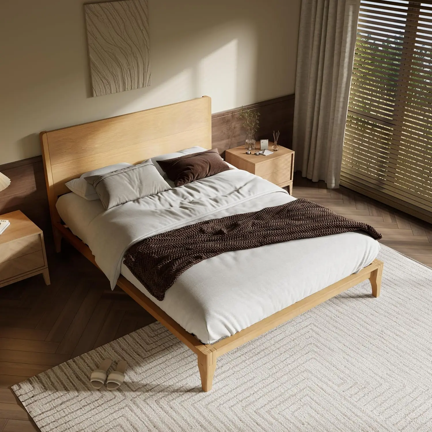 Full Size Bamboo Platform Bed, Mid-Century Modern Bed Frame with Tall Headboard, Solid Sustainable Bedframe, Customized