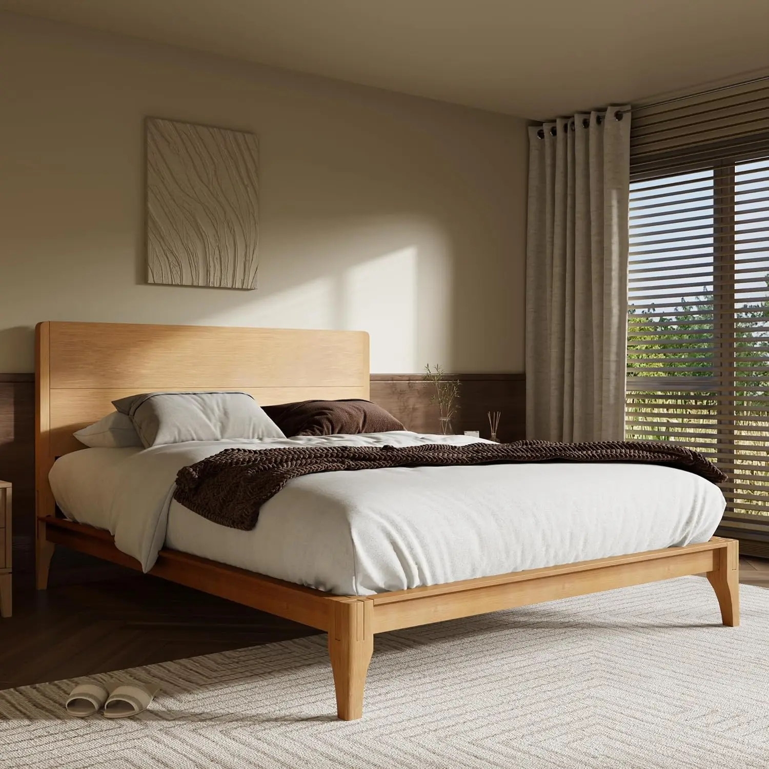 Full Size Bamboo Platform Bed, Mid-Century Modern Bed Frame with Tall Headboard, Solid Sustainable Bedframe, Customized