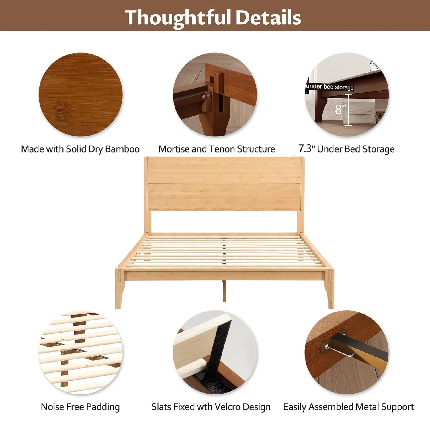 Full Size Bamboo Platform Bed, Mid-Century Modern Bed Frame with Tall Headboard, Solid Sustainable Bedframe, Customized