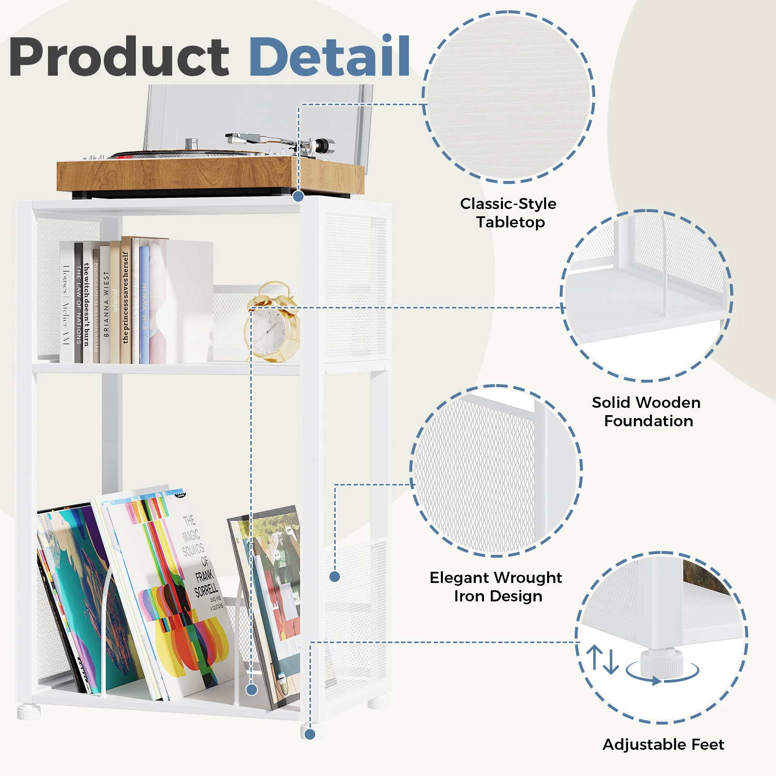 JHK 3-Tier Metal AV Media Stand CD Rack 1 Pack Record Player Stand with Storage Up to 100 Albums Records Shelf for Living Room