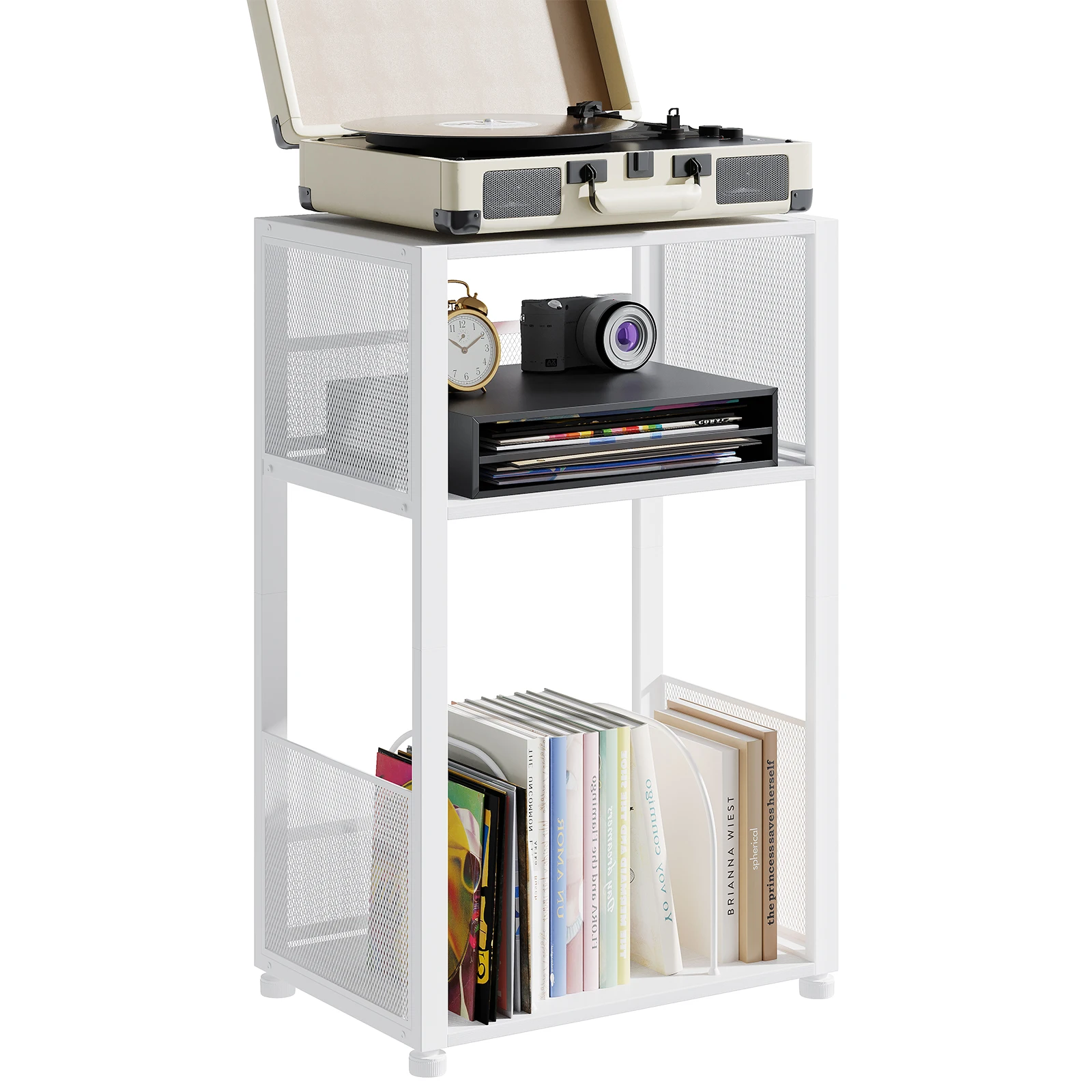 JHK 3-Tier Metal AV Media Stand CD Rack 1 Pack Record Player Stand with Storage Up to 100 Albums Records Shelf for Living Room