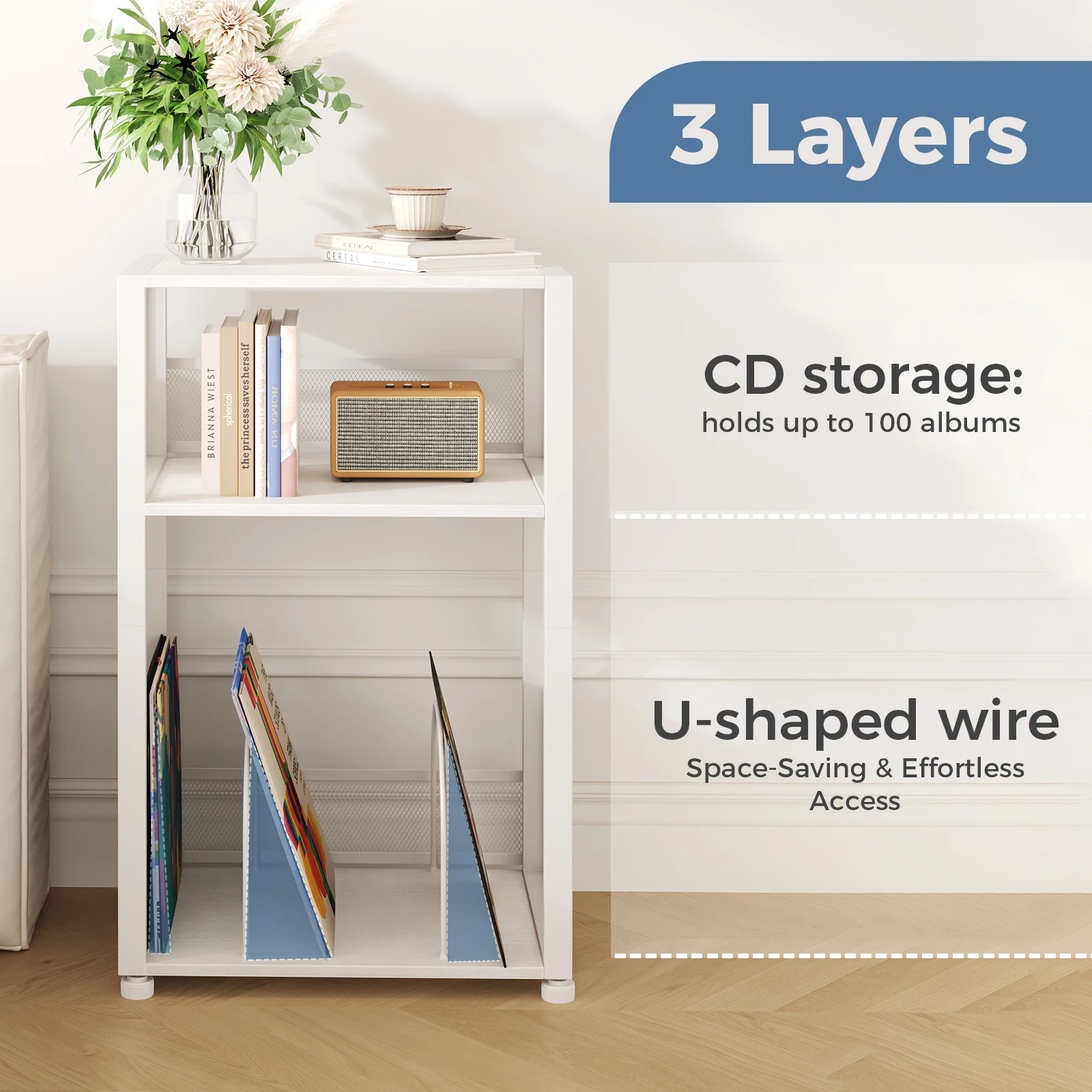 JHK 3-Tier Metal AV Media Stand CD Rack 1 Pack Record Player Stand with Storage Up to 100 Albums Records Shelf for Living Room