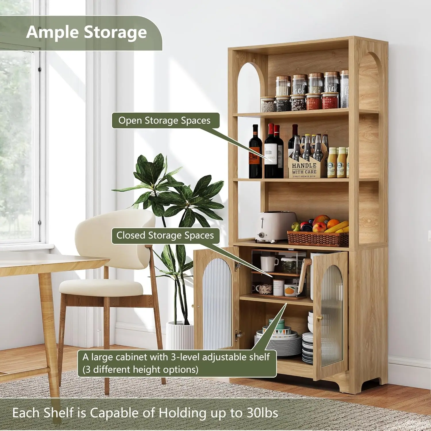 71' Tall Bookshelf and Bookcase, 5-Tier Arched Bookshelf with Glass Doors, Floor Standing 5 Shelf Book Case, Customized