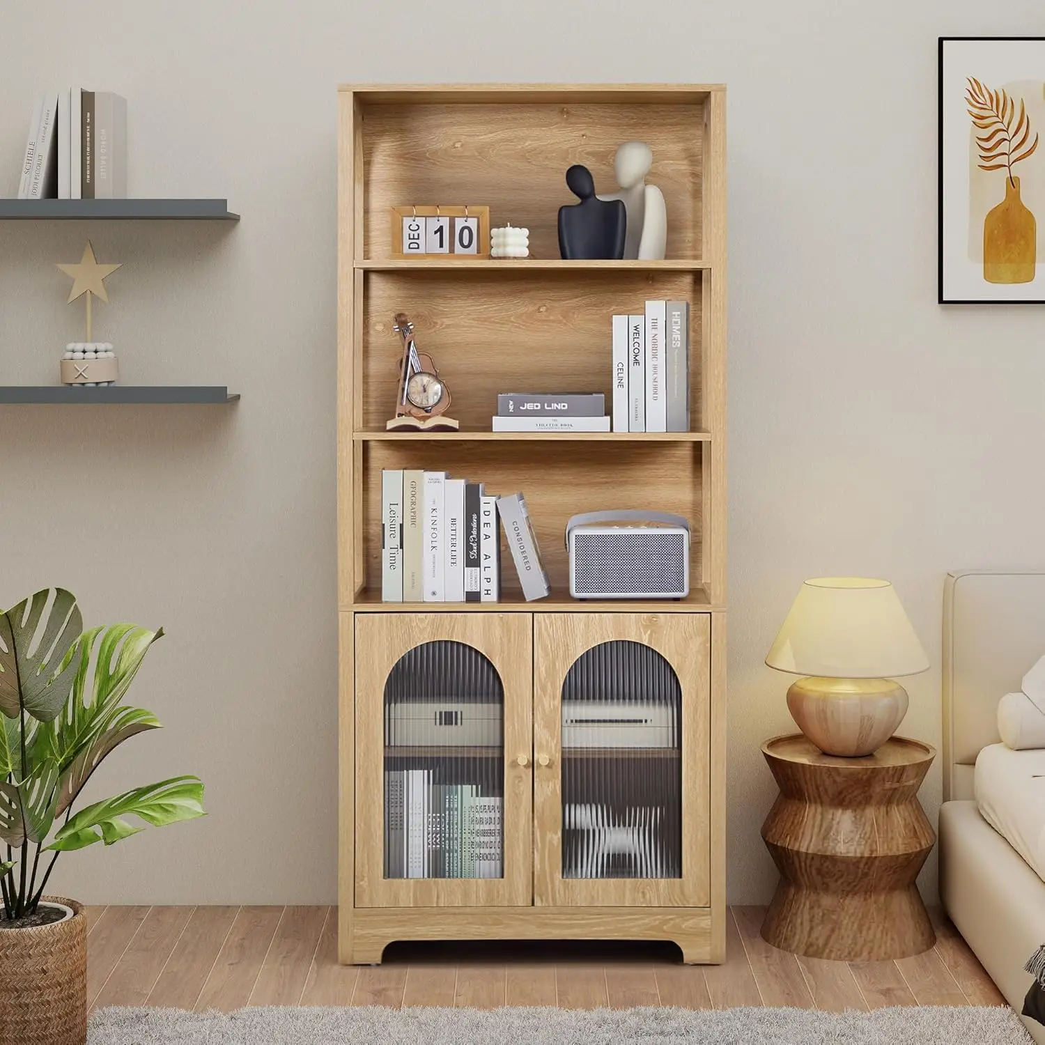 71' Tall Bookshelf and Bookcase, 5-Tier Arched Bookshelf with Glass Doors, Floor Standing 5 Shelf Book Case, Customized