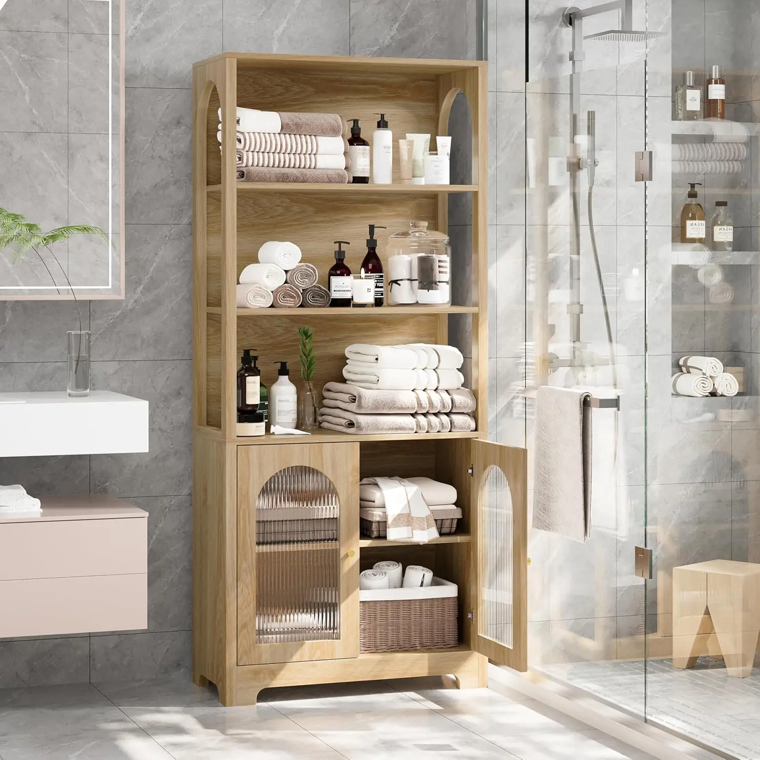 71' Tall Bookshelf and Bookcase, 5-Tier Arched Bookshelf with Glass Doors, Floor Standing 5 Shelf Book Case, Customized