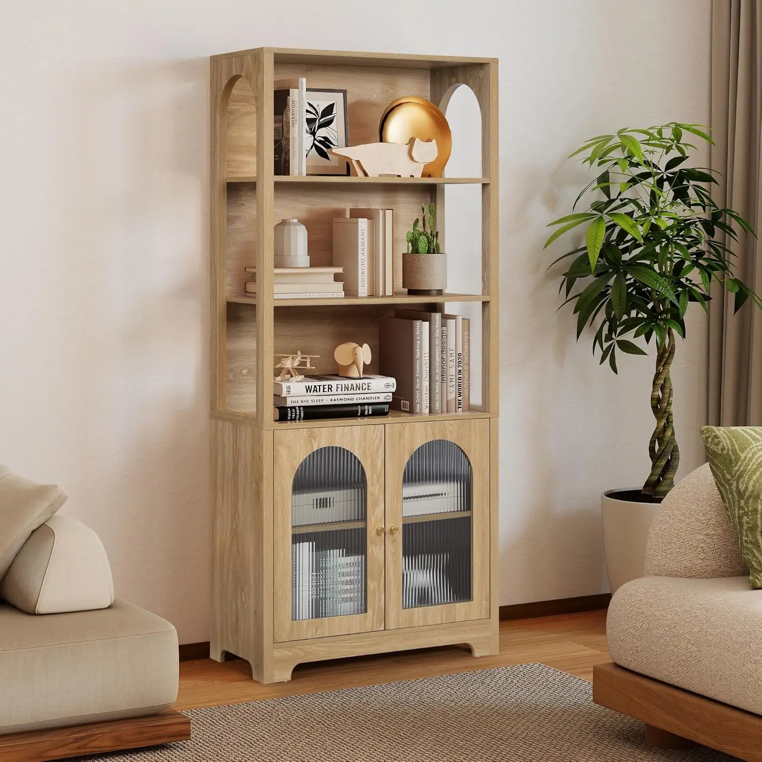 71' Tall Bookshelf and Bookcase, 5-Tier Arched Bookshelf with Glass Doors, Floor Standing 5 Shelf Book Case, Customized