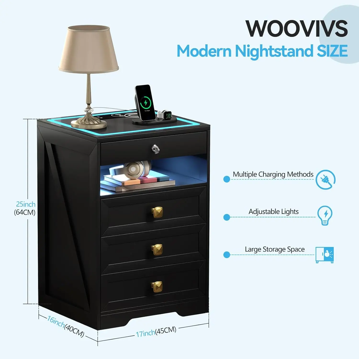 Night Stand Set 2 with Gun Drawer for Livingroom, Modern Nightstand with Wireless Charging Station for Bedroom, Customized