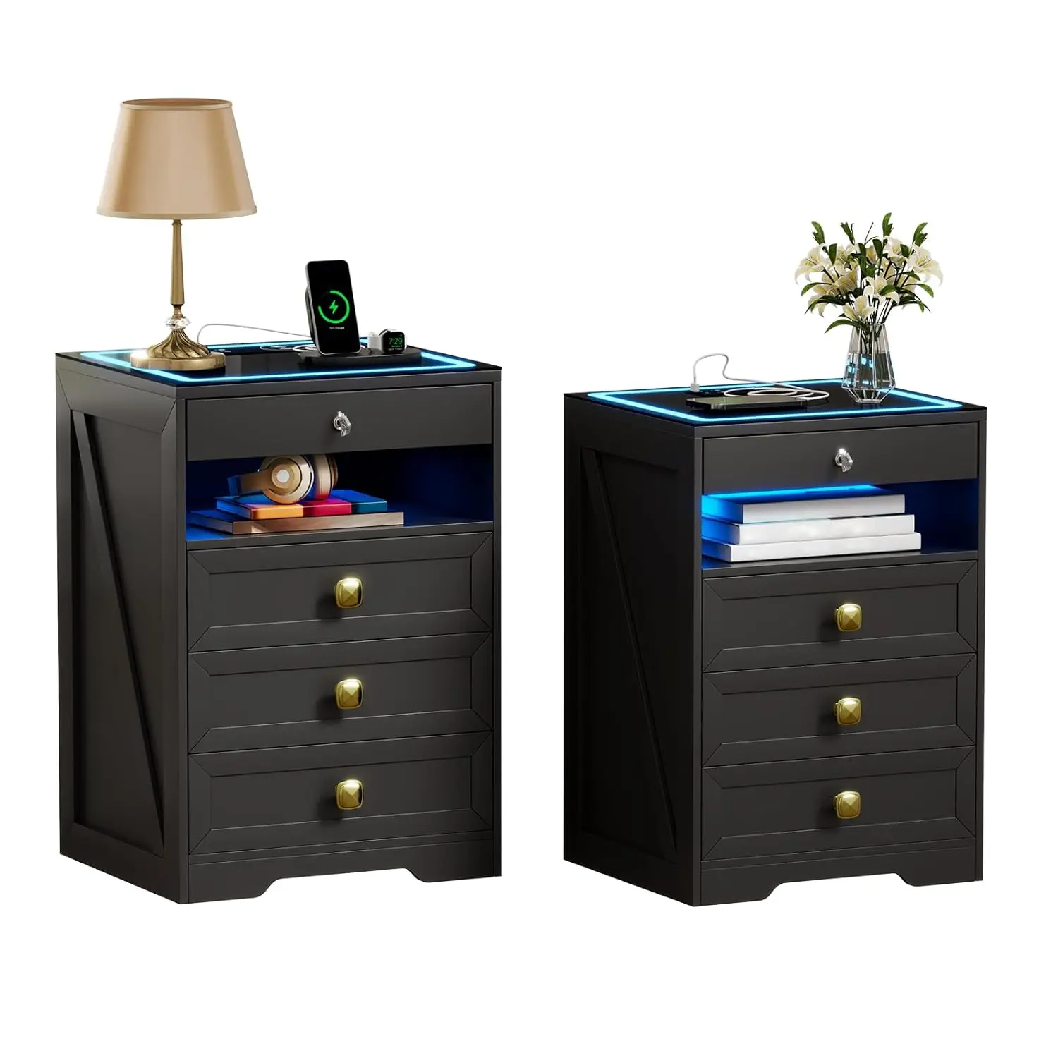 Night Stand Set 2 with Gun Drawer for Livingroom, Modern Nightstand with Wireless Charging Station for Bedroom, Customized