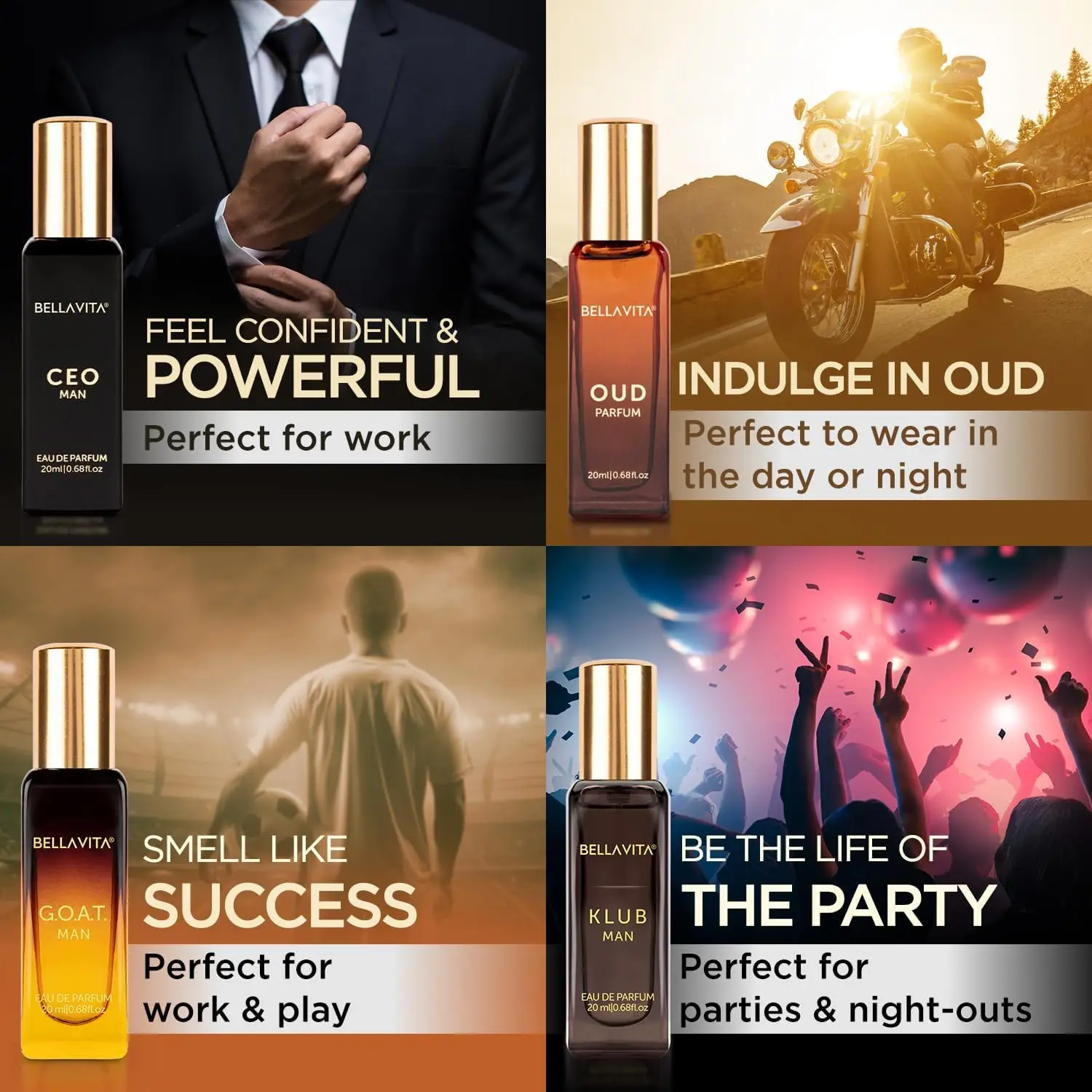 Bellavita Luxury Men's Perfume Gift Set with CEO Man, G.O.A.T., Klub, and Oud | 80ml | Long Lasting Men's Fragrance