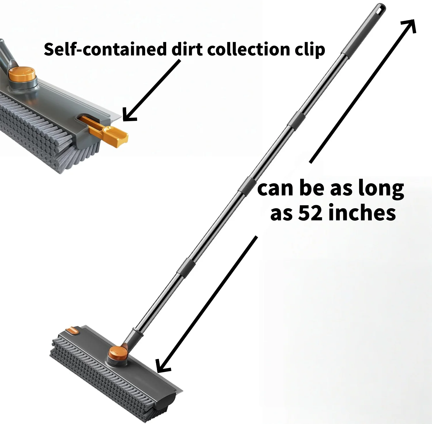 3 in 1 Floor Scrub Brush,Floor Scrubber with Squeegee and Tweezer, Push Broom with Long Handle,Heavy-Duty Stiff 90° Bristle Broom for Patio,Shower, Garage,Deck,Tile, Concrete & Wood Surface