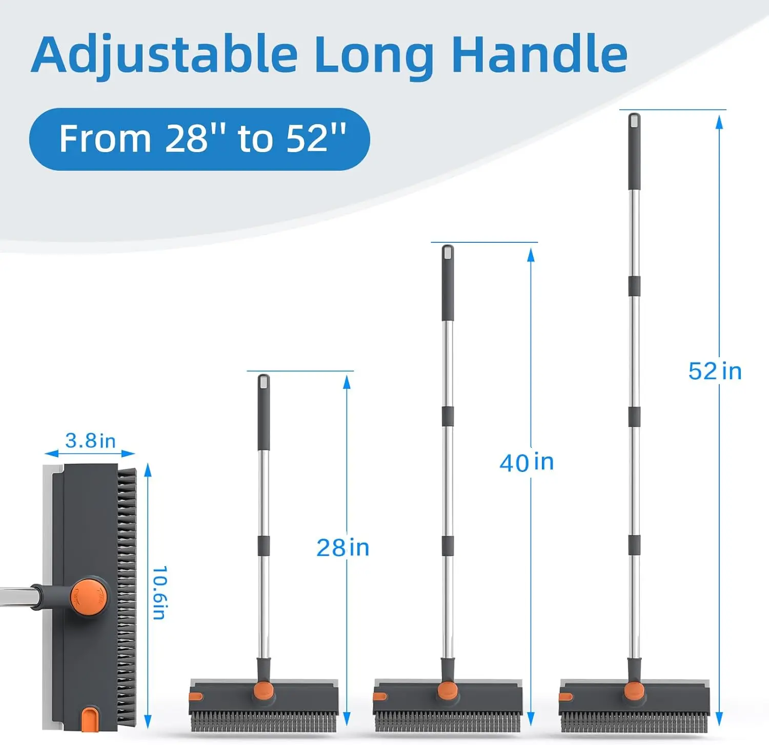 3 in 1 Floor Scrub Brush,Floor Scrubber with Squeegee and Tweezer, Push Broom with Long Handle,Heavy-Duty Stiff 90° Bristle Broom for Patio,Shower, Garage,Deck,Tile, Concrete & Wood Surface