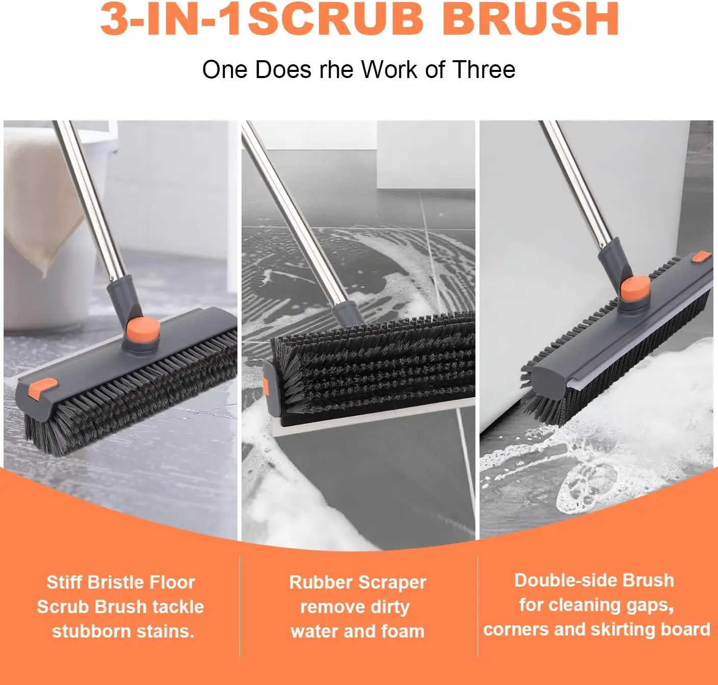 3 in 1 Floor Scrub Brush,Floor Scrubber with Squeegee and Tweezer, Push Broom with Long Handle,Heavy-Duty Stiff 90° Bristle Broom for Patio,Shower, Garage,Deck,Tile, Concrete & Wood Surface