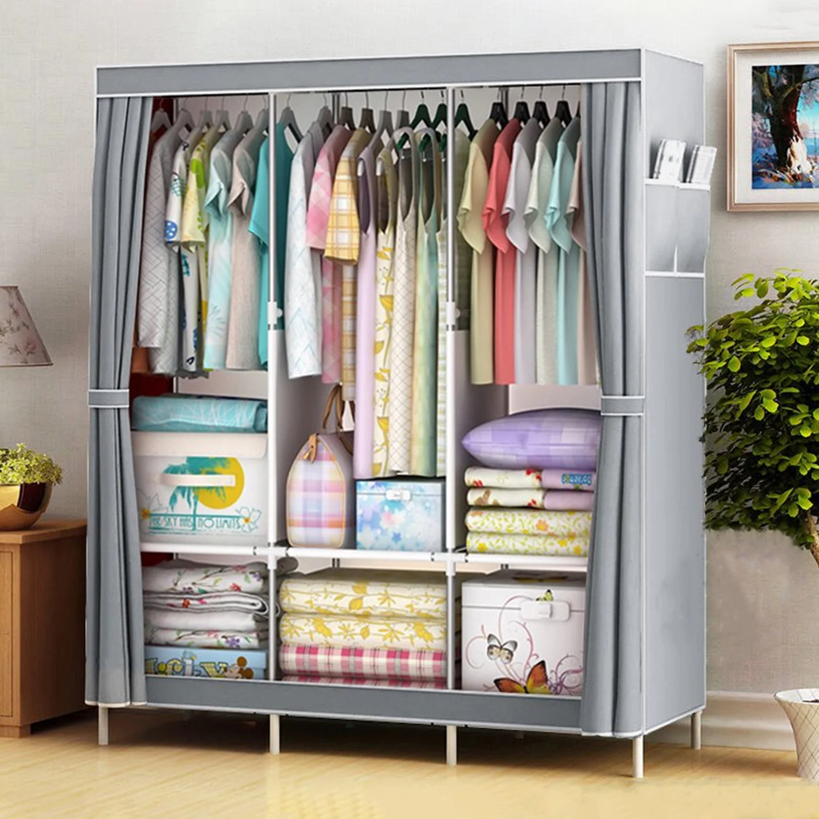 Closet Wardrobe Organizer Storage Rack Portable Clothes Shoe Clothing Shelf Dustproof Non-woven Fabric Quick and Easy to Assembl