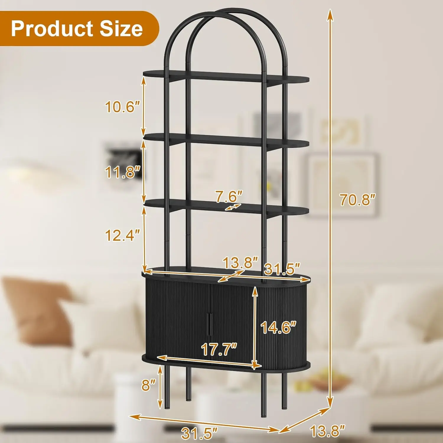 70.8" Arched Bookshelf Sliding Tambour Door Curved Metal Frame 4-Tier Display Living Room Bedroom Office Customized