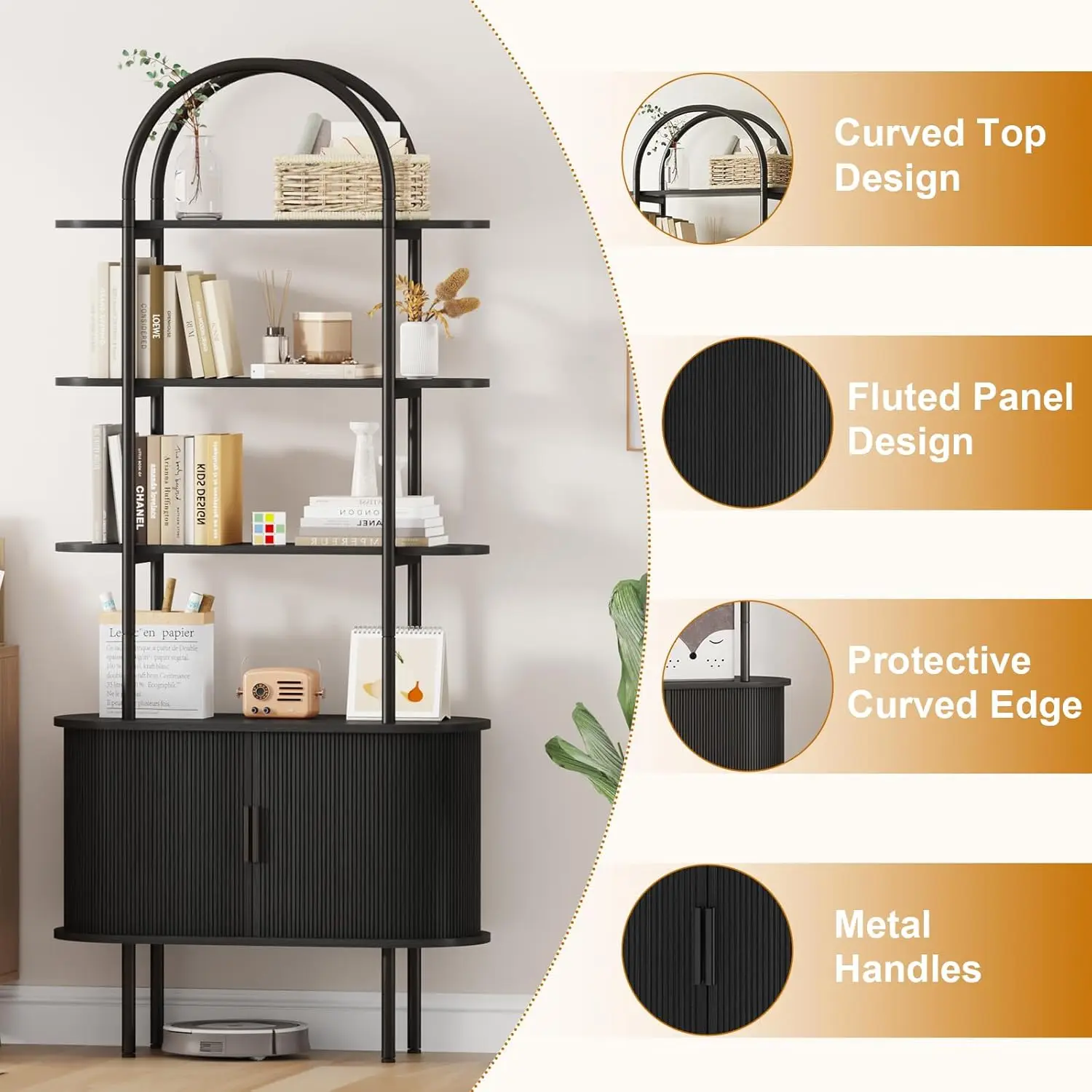 70.8" Arched Bookshelf Sliding Tambour Door Curved Metal Frame 4-Tier Display Living Room Bedroom Office Customized