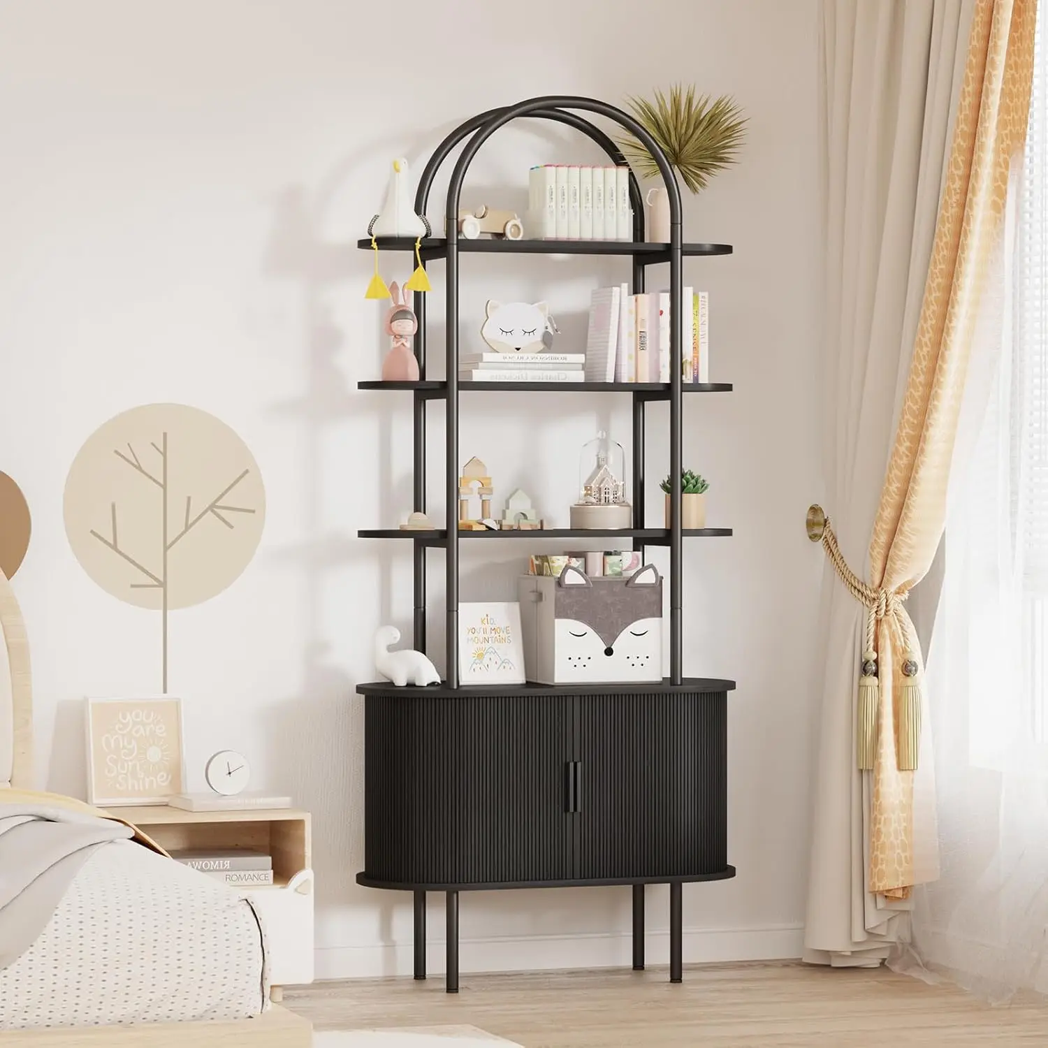 70.8" Arched Bookshelf Sliding Tambour Door Curved Metal Frame 4-Tier Display Living Room Bedroom Office Customized