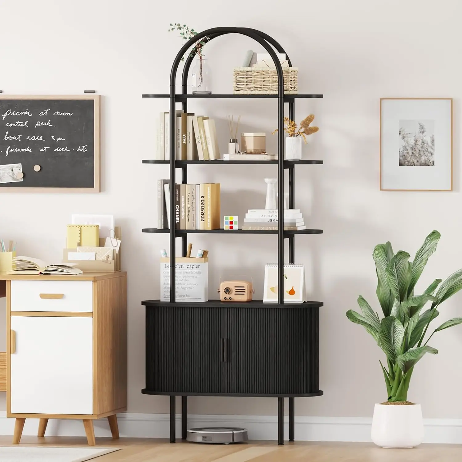 70.8" Arched Bookshelf Sliding Tambour Door Curved Metal Frame 4-Tier Display Living Room Bedroom Office Customized