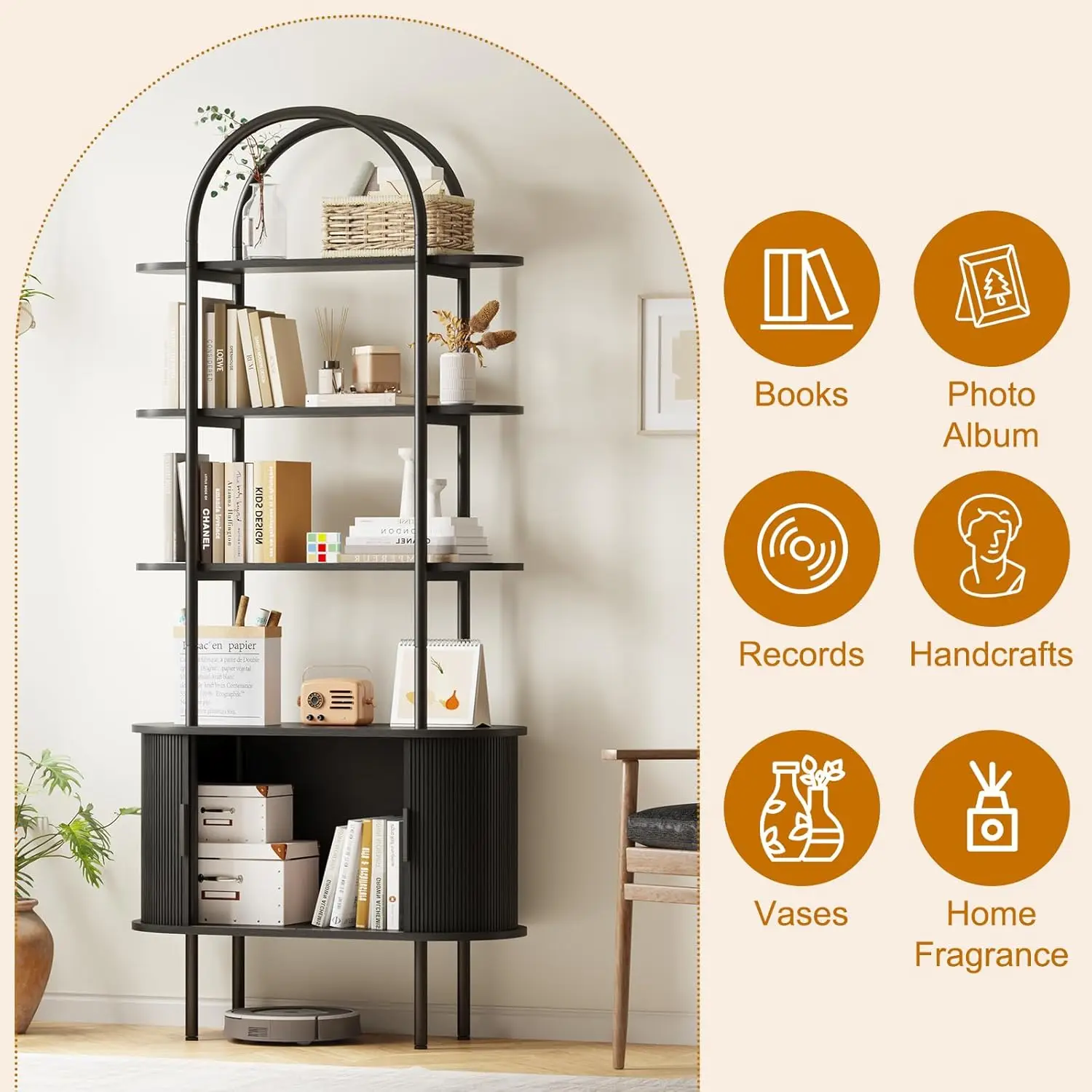 70.8" Arched Bookshelf Sliding Tambour Door Curved Metal Frame 4-Tier Display Living Room Bedroom Office Customized