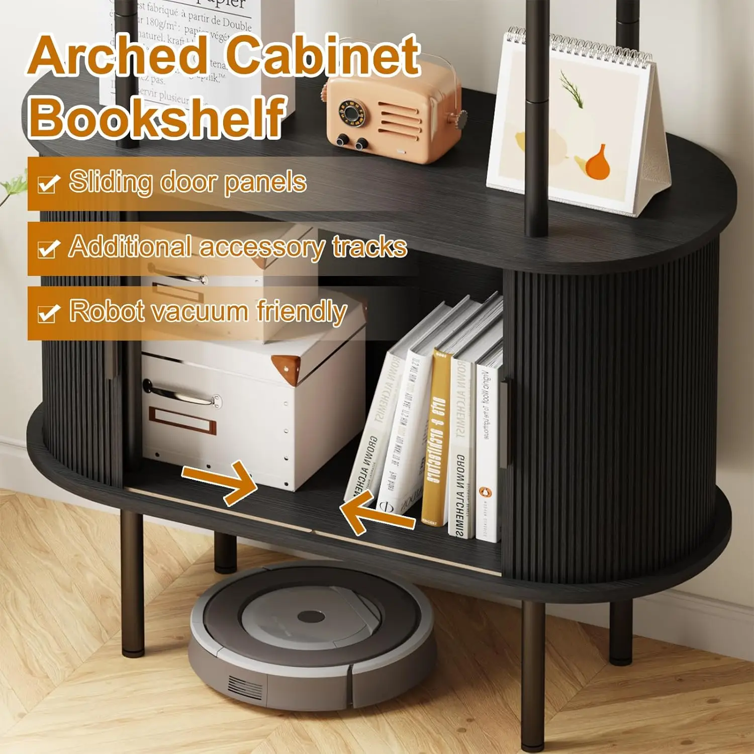 70.8" Arched Bookshelf Sliding Tambour Door Curved Metal Frame 4-Tier Display Living Room Bedroom Office Customized