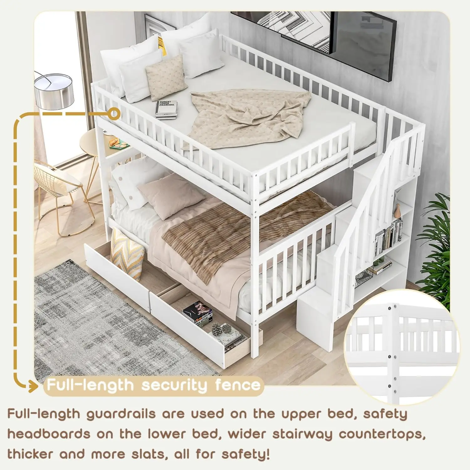 Full Over Full Bunk Bed with Drawers Stairs Storage Shelves Wood Frame for Kids Teens Adults Bedroom Furniture, Customized