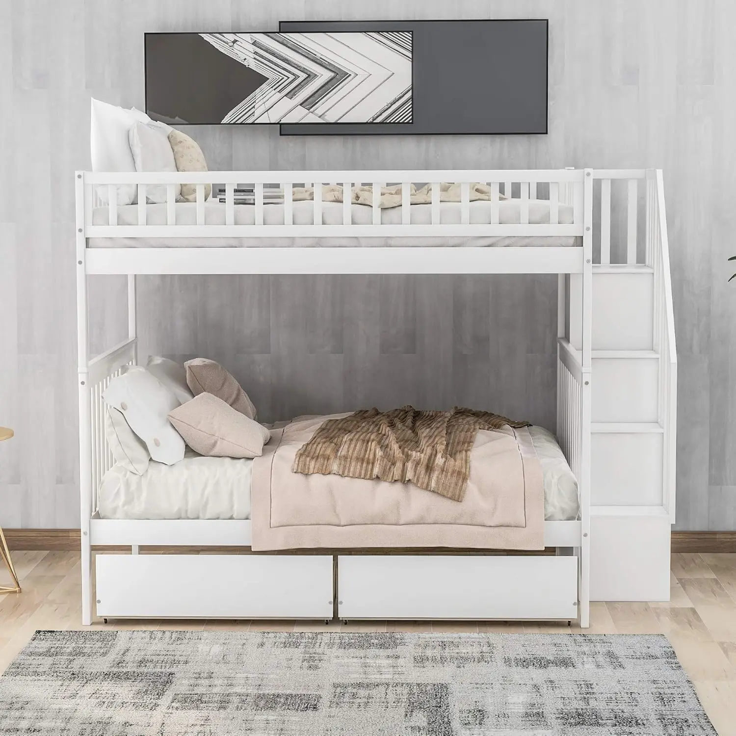 Full Over Full Bunk Bed with Drawers Stairs Storage Shelves Wood Frame for Kids Teens Adults Bedroom Furniture, Customized