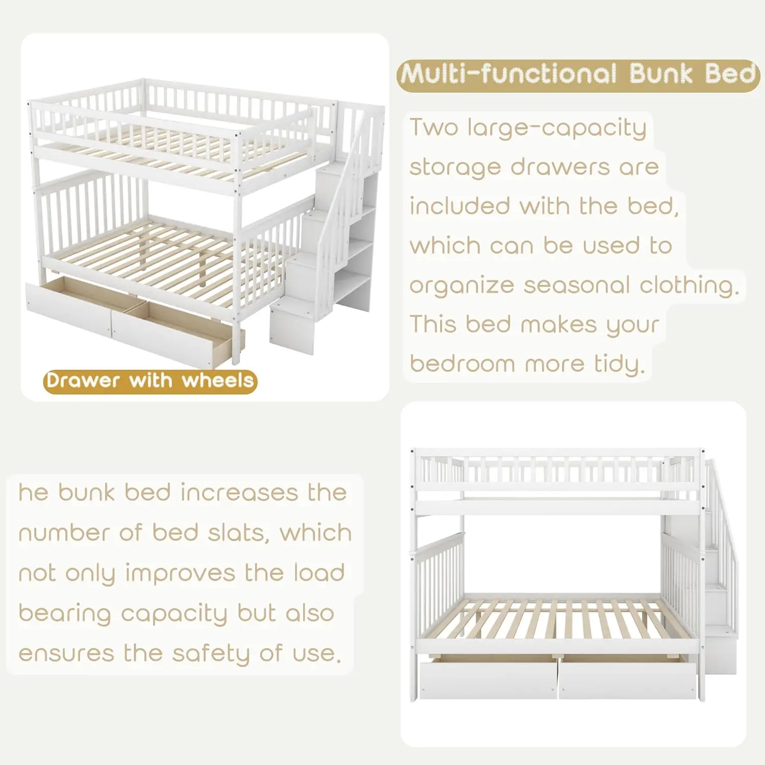 Full Over Full Bunk Bed with Drawers Stairs Storage Shelves Wood Frame for Kids Teens Adults Bedroom Furniture, Customized